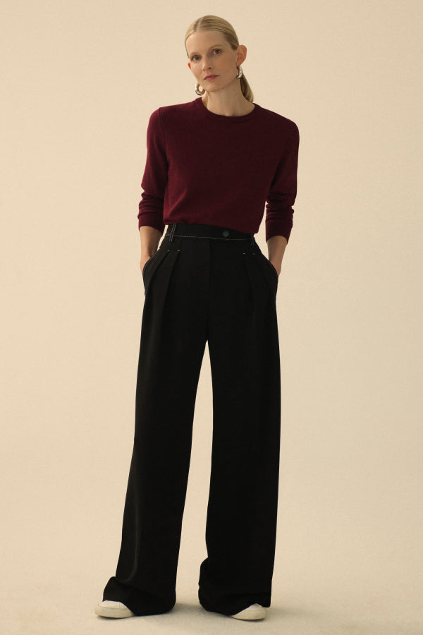 Bia Pleated Trousers for Women - High Waist Everyday Crepe Pants with Topstitch Detail - Comfortable Office Work Pants - Black - Perfect for Business Casual & Professional Wear