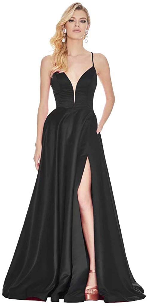 VANLYXCCI Women's Long V-Neck Satin Prom Dress with Side Slit & Pockets - Elegant Formal Evening Gown for Homecoming, Wedding Guest, Cocktail Party & Special Occasions