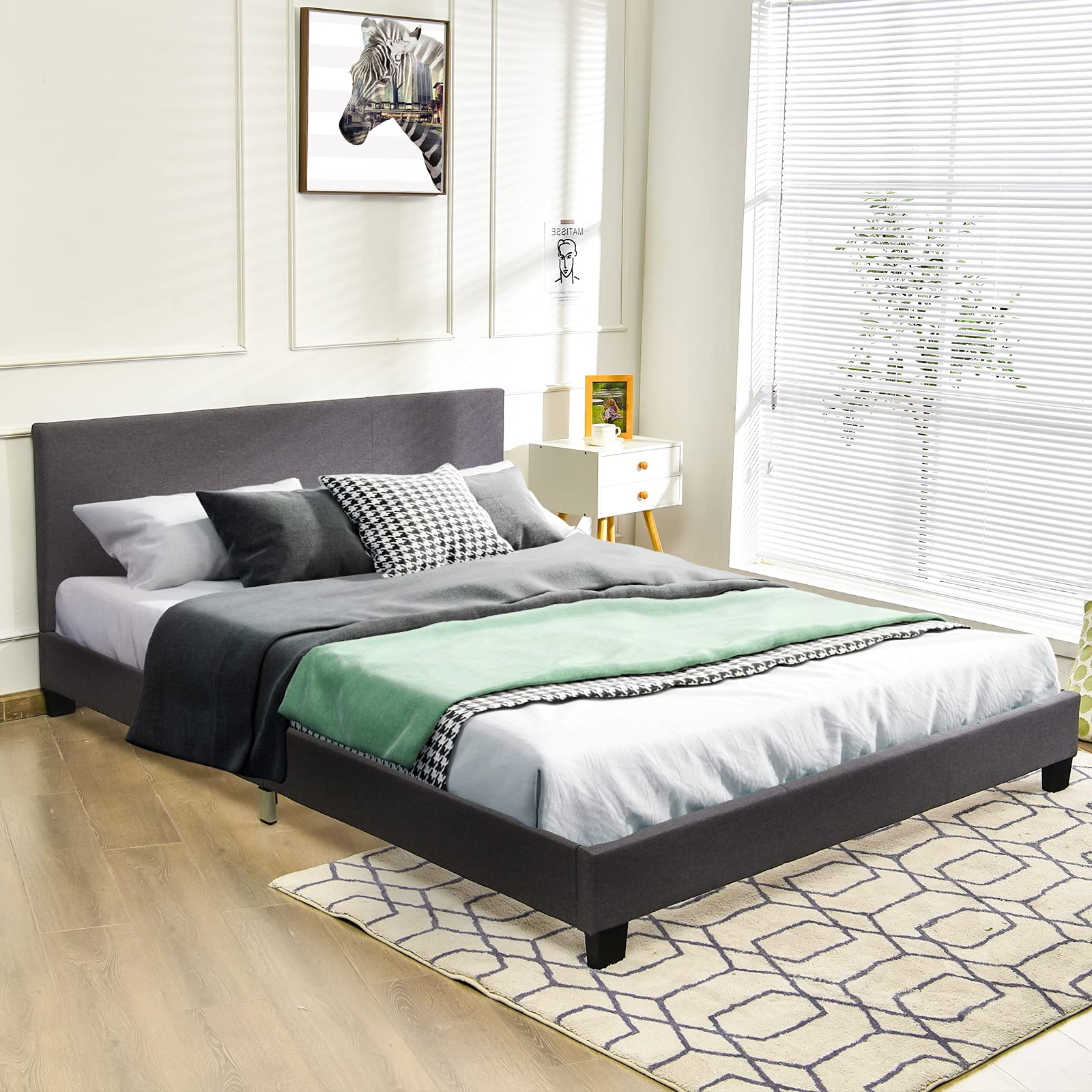 Giantex Full Size Upholstered Platform Bed Frame with Headboard - Heavy Duty Wooden Slat Support, No Box Spring Needed - Easy Assembly Bedroom Furniture for Master Bed, Guest Room & Dorm