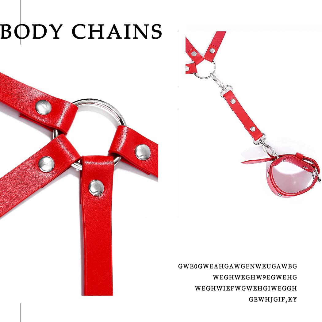 Punk Leather Body Chain for Women - Sexy Body Harness Belt with Leg Chain - Gothic Rave Party & Nightclub Jewelry - Perfect for Halloween, Bachelorette Parties & Festivals (Red)