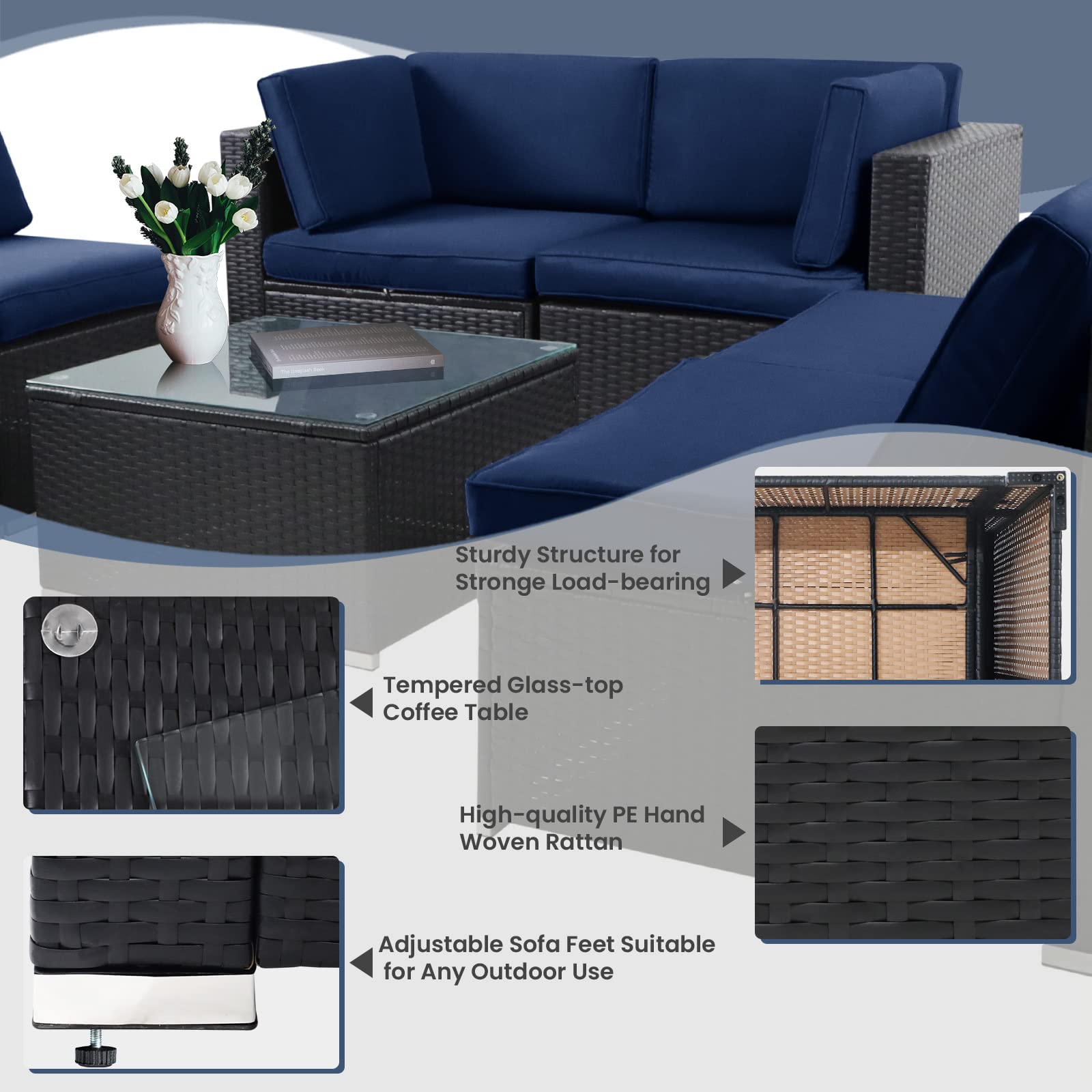 7-Piece Outdoor Patio Furniture Set - Black/Brown Wicker Sectional Sofa with Dark Blue Cushions & Tempered Glass Table - Perfect for Backyard, Garden, Poolside & Patio Relaxation