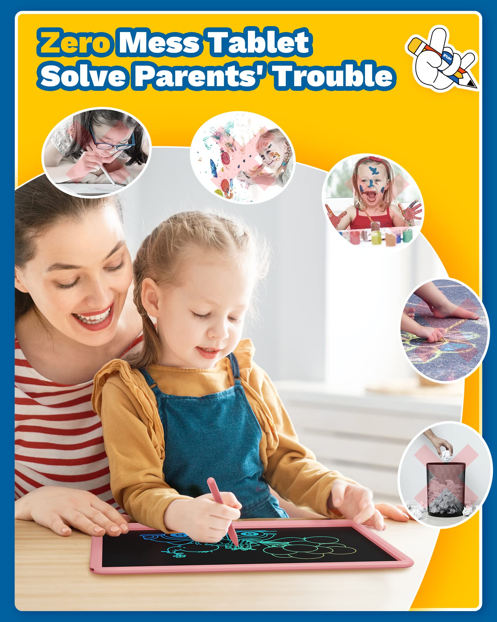 TEKFUN 15inch LCD Writing Tablet for Kids - Doodle Board Drawing Pad for Girls & Boys Ages 4-10 | Birthday, Christmas, Easter Gifts | Homeschool, Travel, Classroom Learning Activities (Pink)