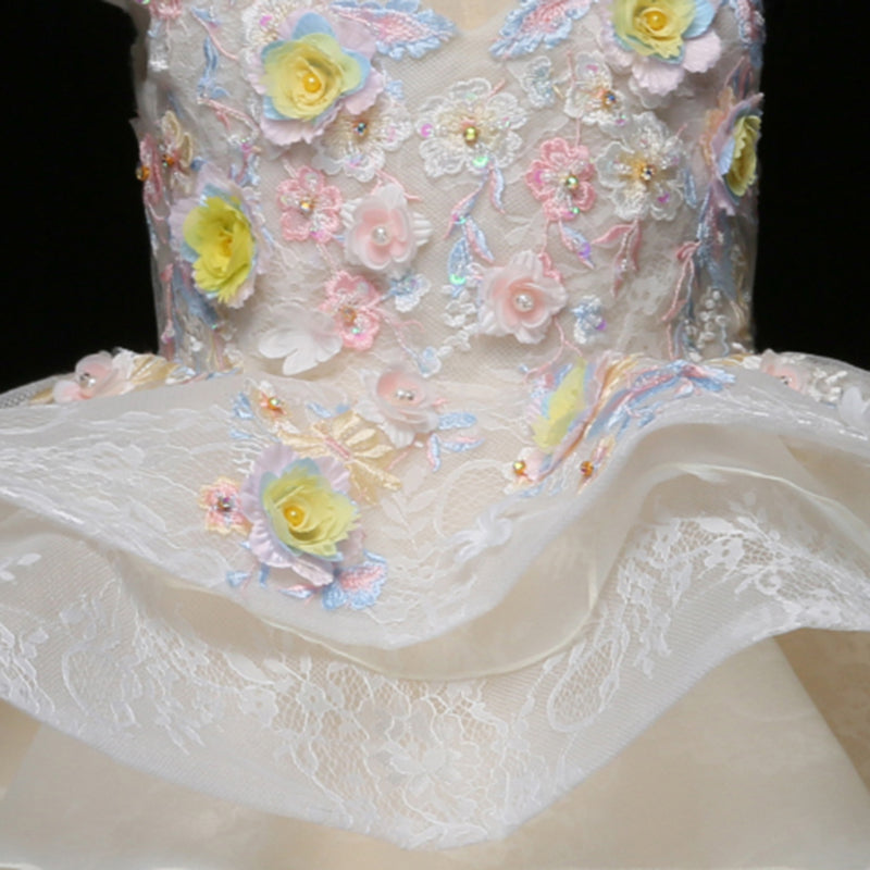 Elegant Floral Lace Organza A-Line Flower Girl Dress with Cap Sleeves - Perfect for Weddings, Baptisms & Special Occasions
