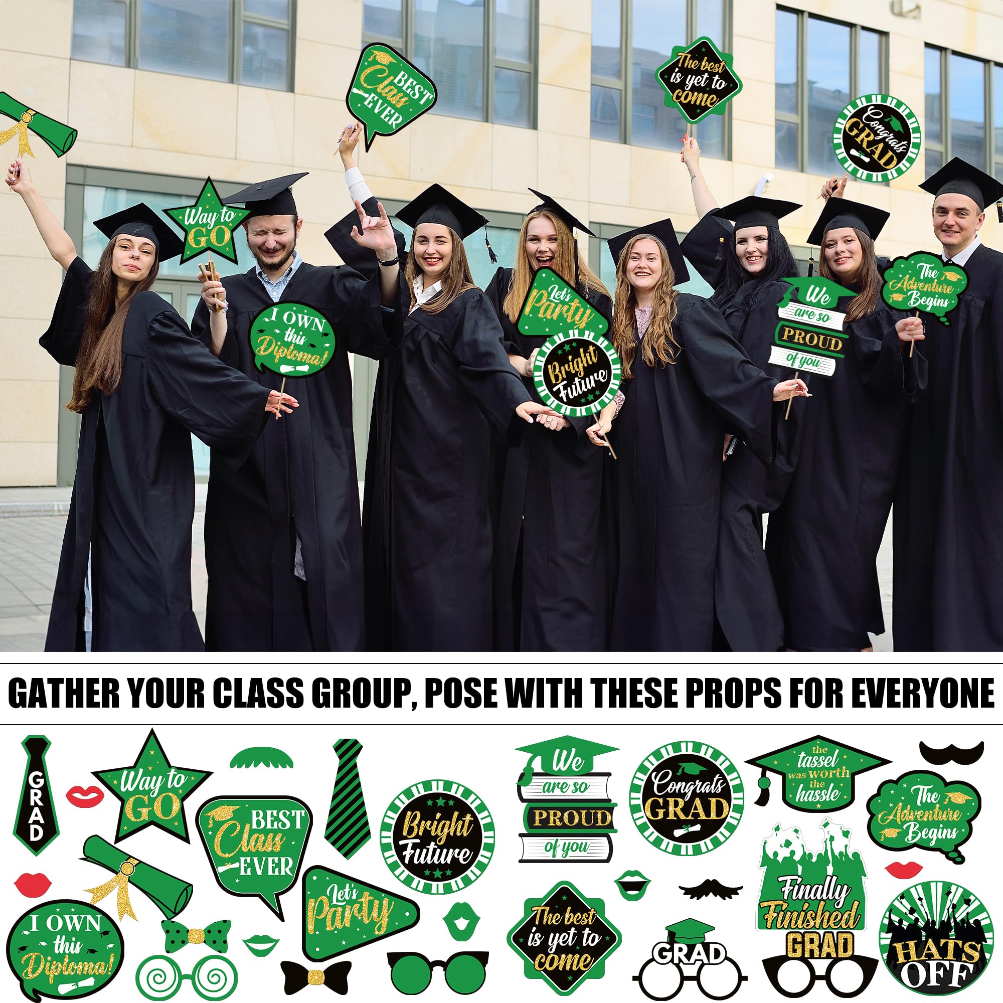 KatchOn 2025 Graduation Photo Booth Props - 30-Piece Glitter Decor Set (Black & Green) | Class of 2025 Party Supplies for Graduation Photoshoots, Ceremony Backdrops & Senior Night Celebrations