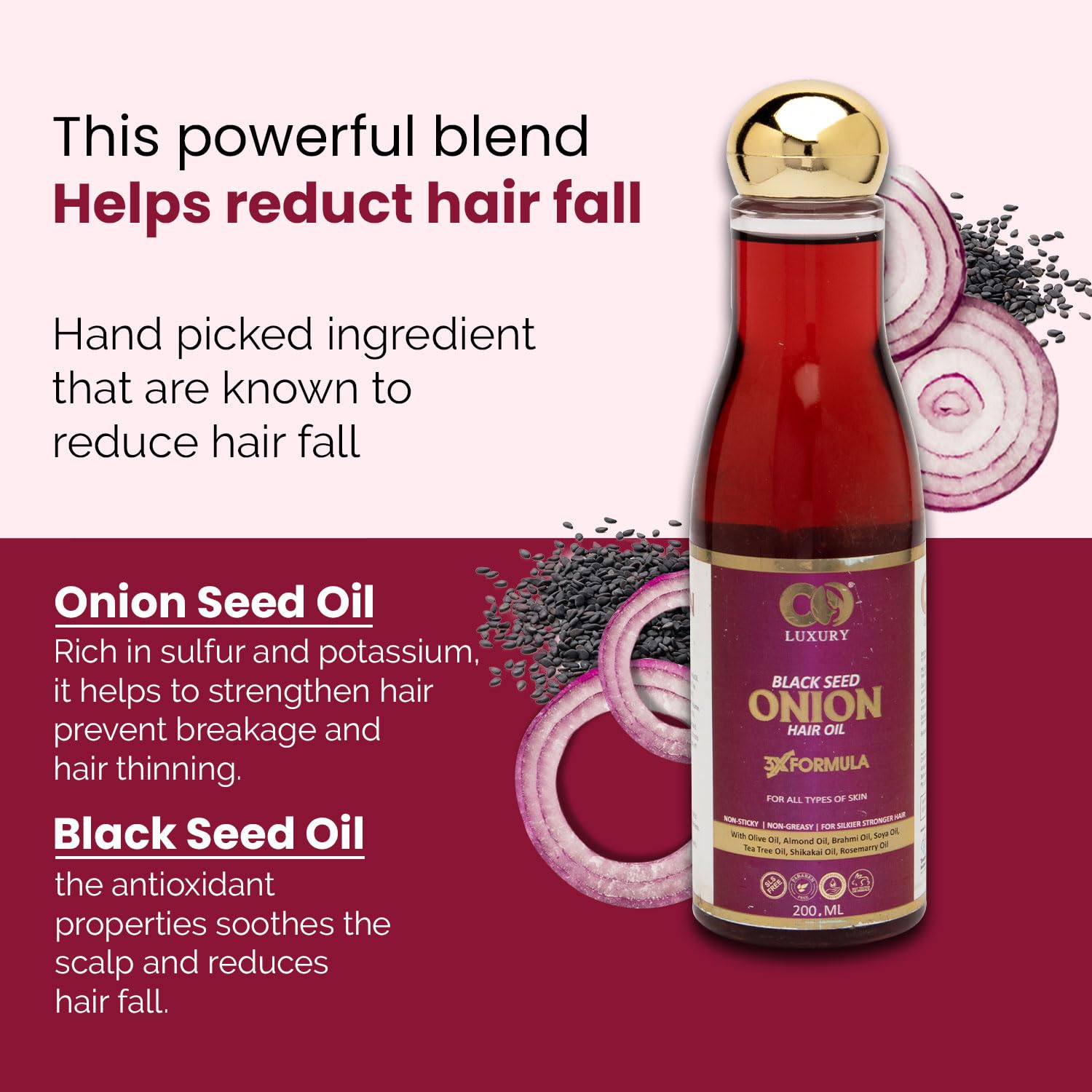 CO LUXURY Onion Hair Oil for Hair Growth & Hair Fall Control - Ayurvedic Oil with 15 Herbs for Stronger, Longer Hair | Chemical-Free, Non-Sticky Formula (200ml) | Perfect for Daily Hair Care & Scalp Massage