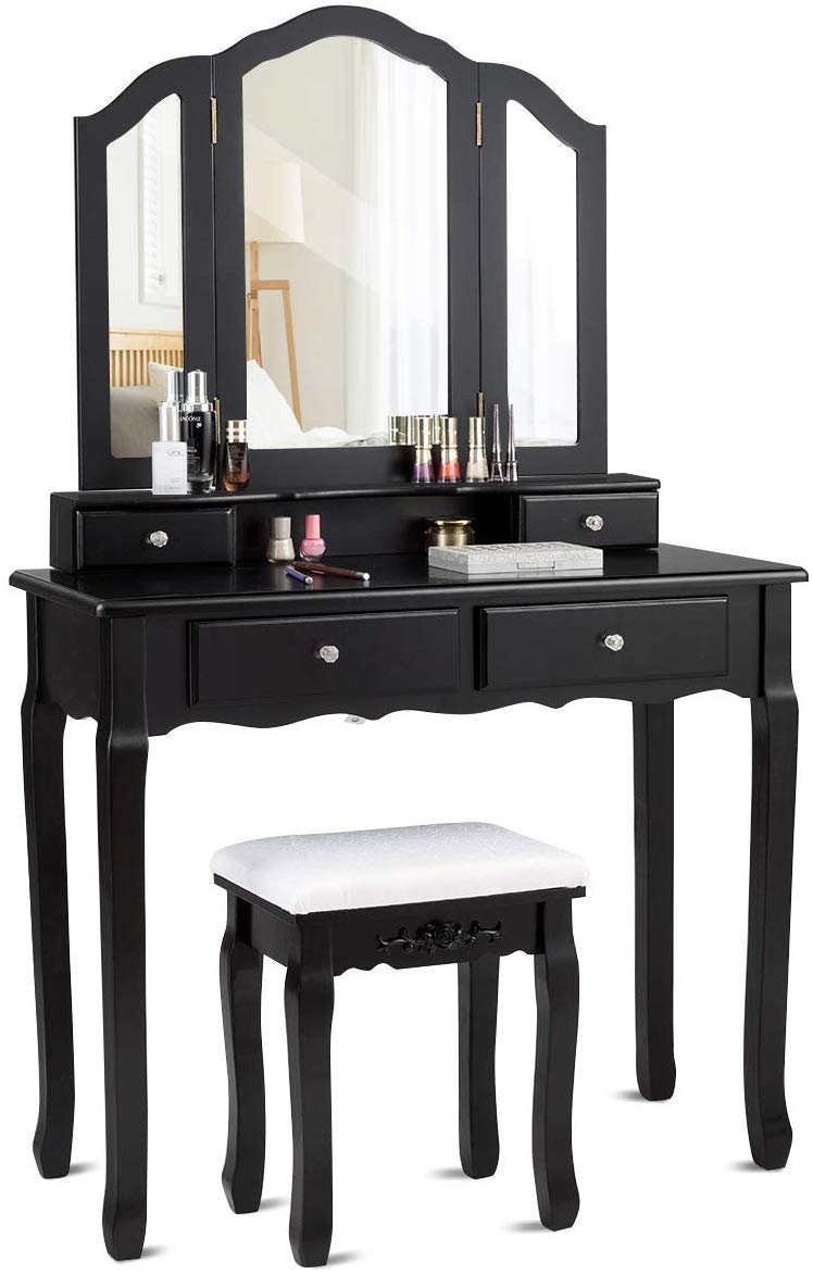 Vintage Vanity Set with Tri-Folding Mirror & 4 Drawers - Makeup Dressing Table with Cushioned Stool, Black Bedroom Organizer for Women & Girls | Perfect for Makeup Application, Jewelry Storage & Bedroom Decor