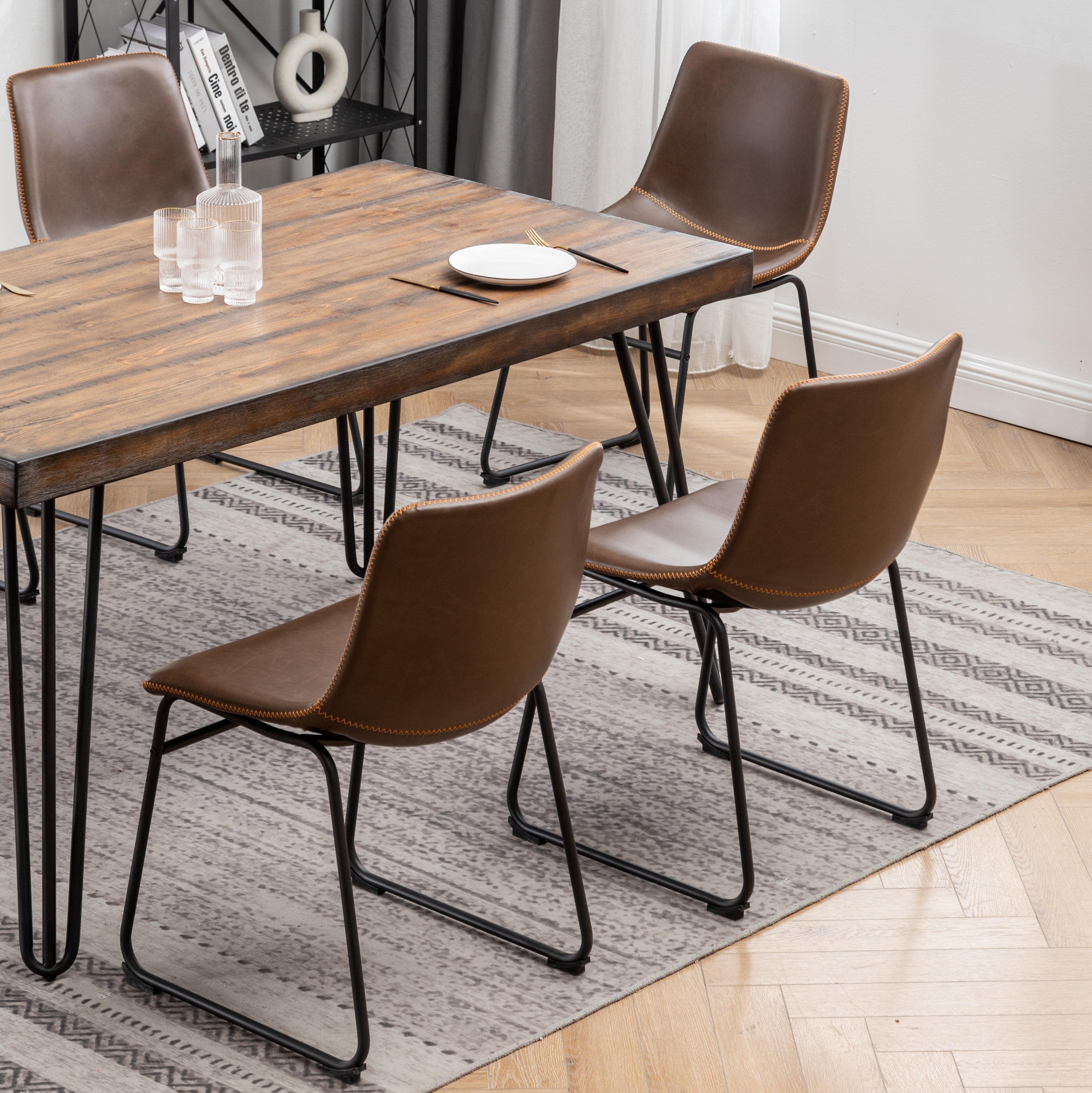 Roundhill Furniture Aryven 7-Piece Industrial Dining Set - Rustic Dark Pine Table & 6 Antique Brown Faux Leather Chairs for Farmhouse Kitchen & Dining Room Decor