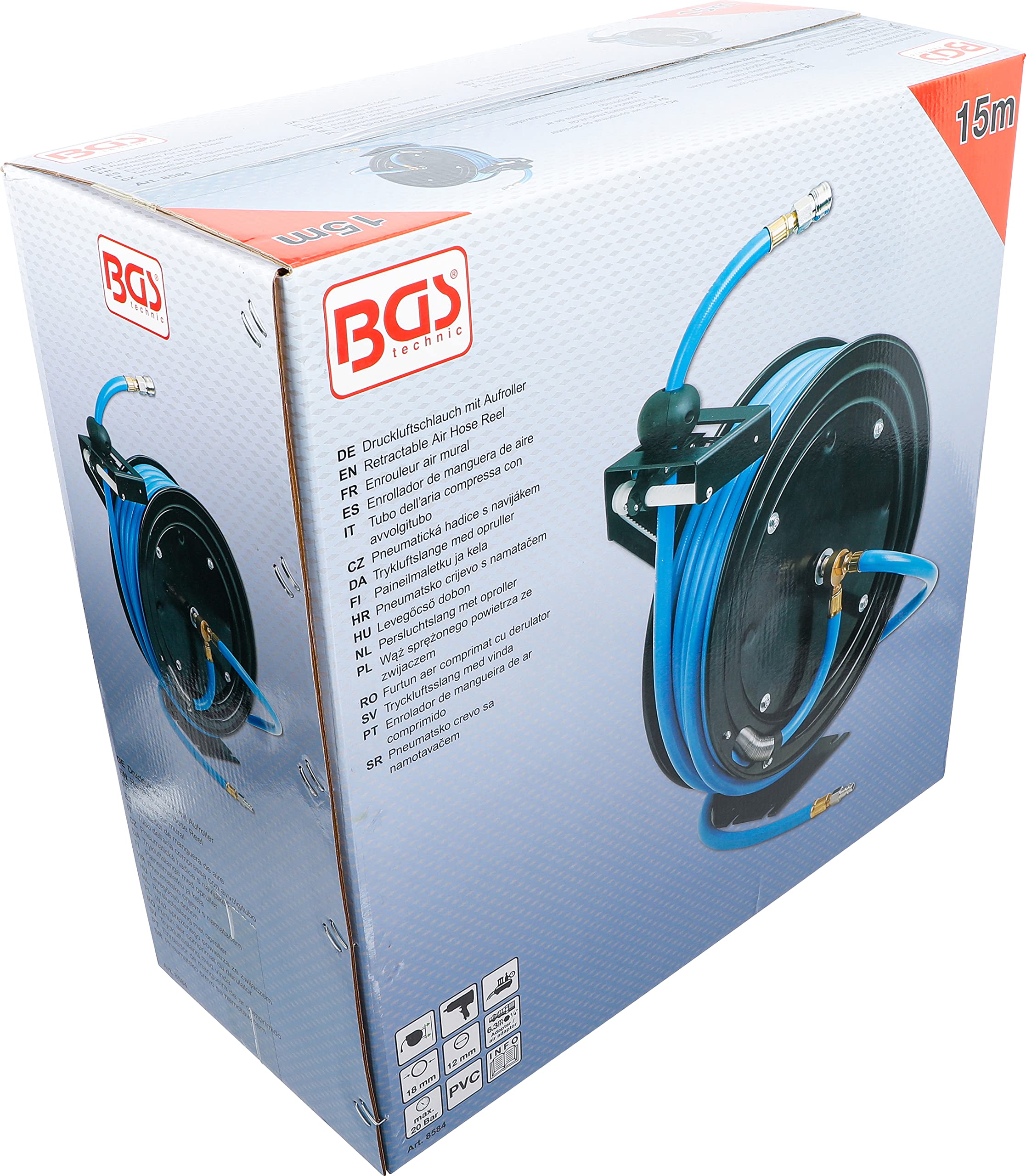 BGS 15m Retractable Compressed Air Hose - Heavy Duty for Air Tools, Inflators & Pneumatic Equipment - Ideal for Garages, Workshops & DIY Projects