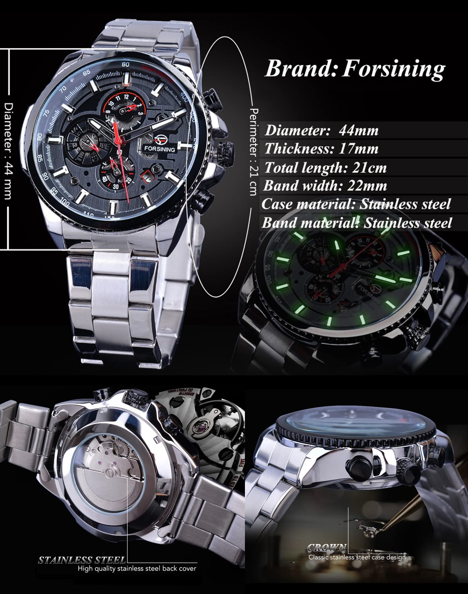 FORSINING Men's Automatic Self-Winding Luxury Stainless Steel Watch with Date, Month, Day, Stopwatch & Tachymeter - Large Dial Mechanical Wristwatch for Business, Formal & Casual Wear