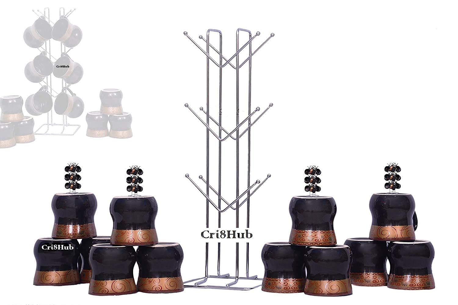 2-Tier Metal Kitchen Countertop Organizer with Cup Holder - Space-Saving Storage Rack for Spices, Utensils & Mugs - Perfect for Small Kitchens, Dining Tables & Office Desks - Black (2-Pack)