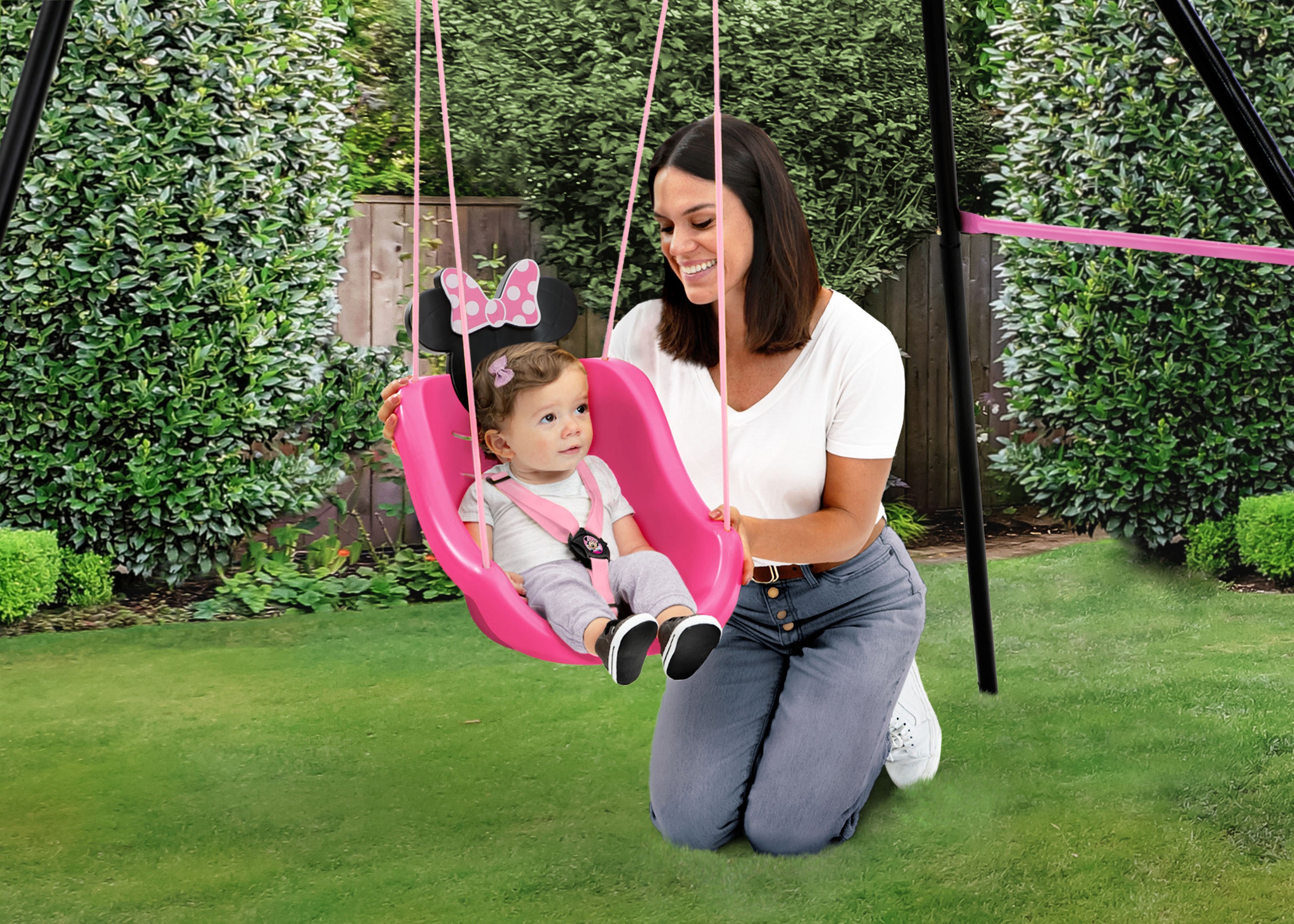 Minnie Mouse 2-in-1 Outdoor Kids Swing Set for Toddlers - Adjustable Baby Swing with Safety Harness | Perfect for Backyard, Garden & Playground Fun
