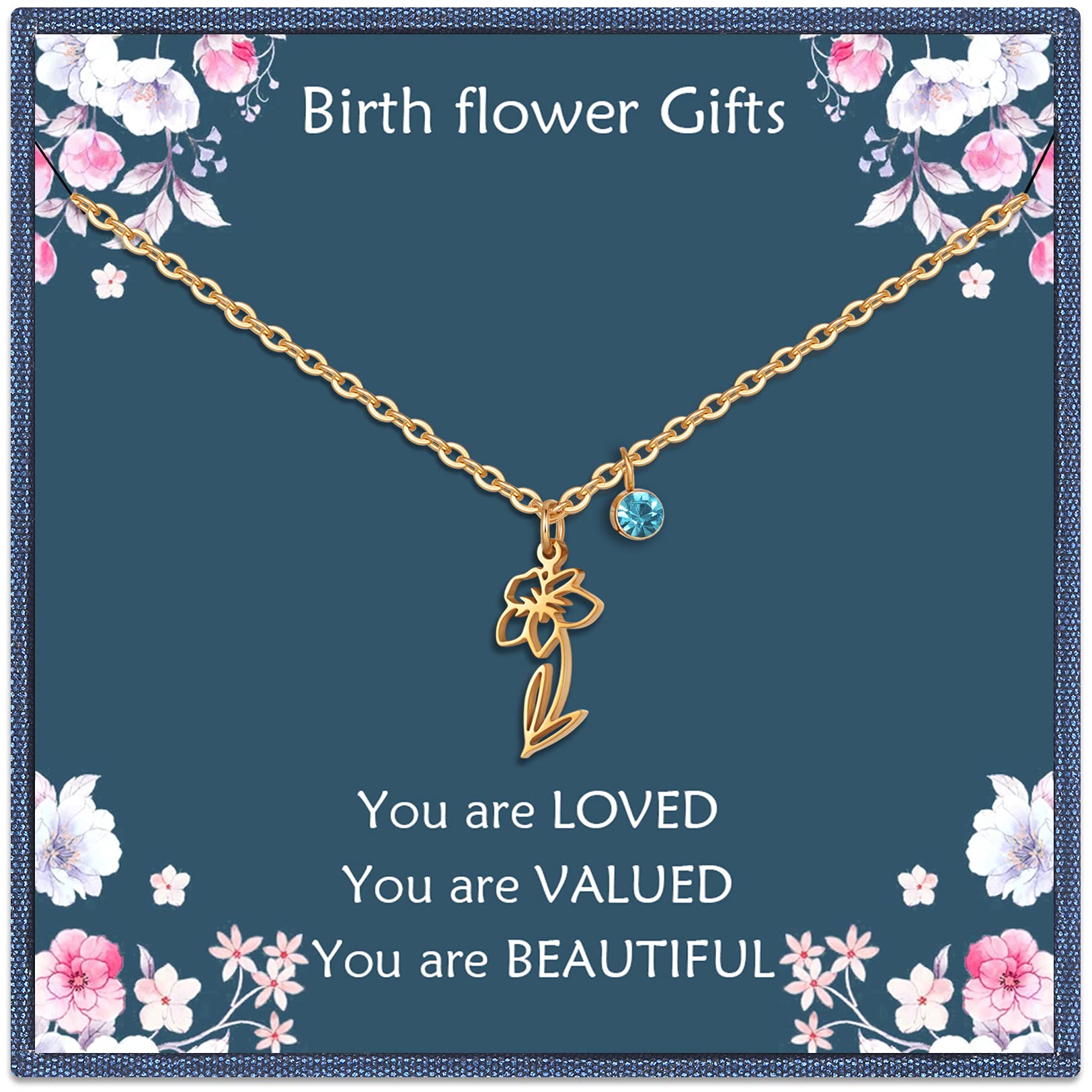 Birth Flower Necklace for Women - 14K Gold Plated Birth Month Floral Pendant with Birthstone | Personalized Birthday Gift for Mom, Wife, Friend | Perfect for Anniversaries, Mother's Day & Special Occasions