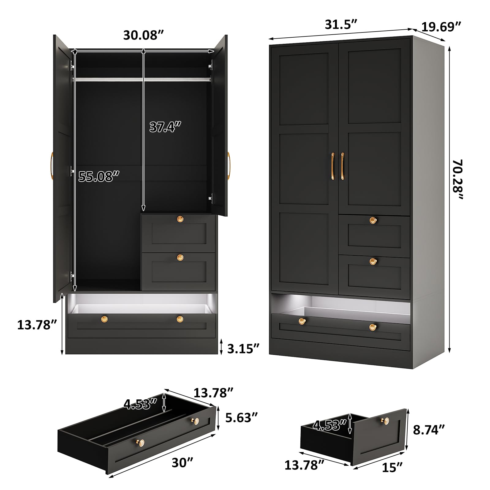 Maupvit 2-Door Armoire Wardrobe Closet with Drawers & LED Lights - Large Capacity Freestanding Storage Cabinet with Hanging Rod - Bedroom Clothes Organizer for Laundry Room & Walk-In Closets - Black