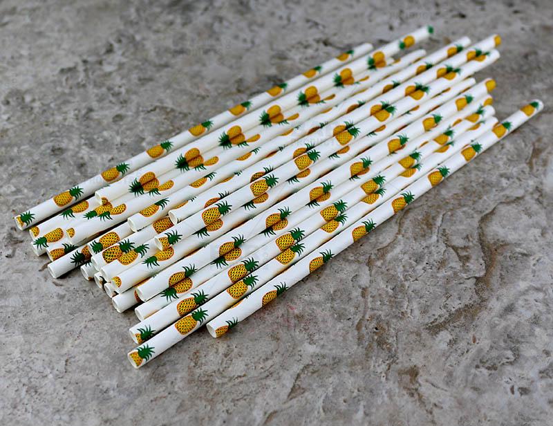 BarConic® Biodegradable Pineapple Pattern Paper Straws - 7 3/4 Inch Eco-Friendly Drinking Straws - 100 Pack for Parties, Summer Drinks & Tropical Themed Events