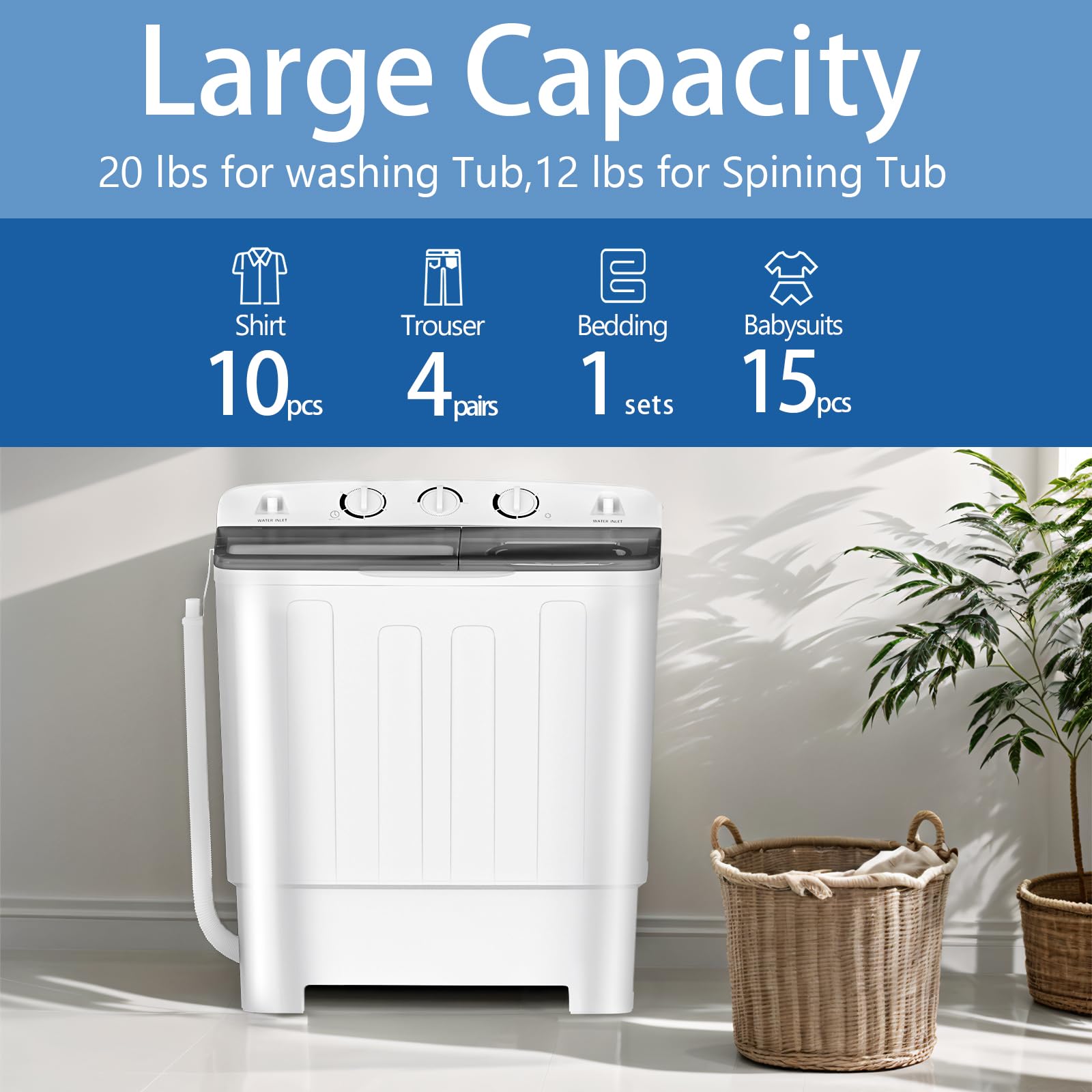 Portable Twin Tub 32lbs Washing Machine with Drying Rack & 10 Hangers - Compact 22lbs Washer & 10lbs Spinner - Semi-Automatic Laundry Combo for Small Spaces, Dorms, Apartments - Perfect for RV, Camping & Tight Living Areas