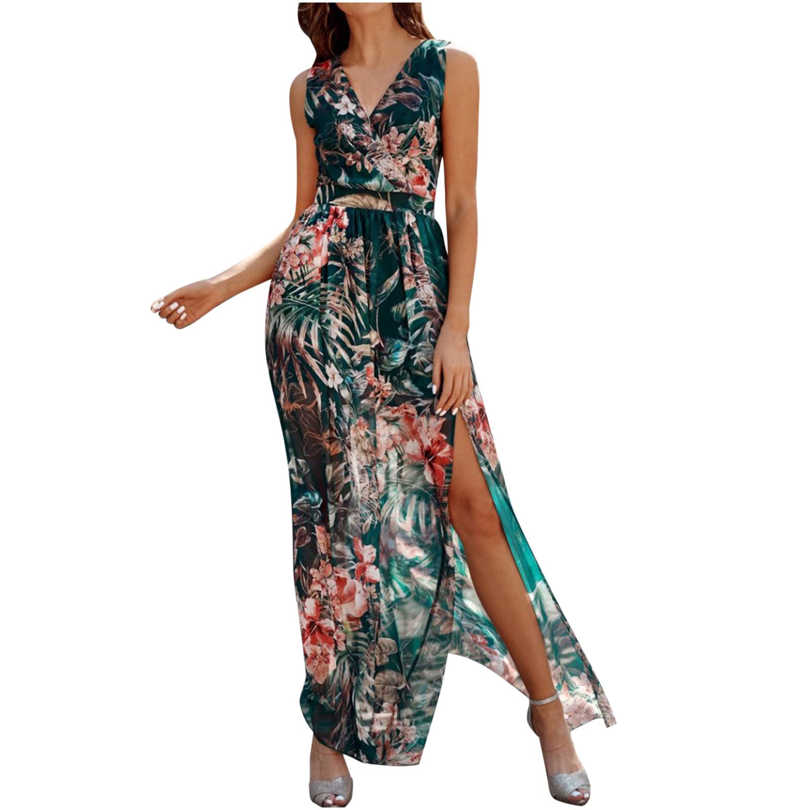 Luciava Women's Floral Print Summer Maxi Dress - Sleeveless Flowy Long Dress with Suspender, Slim Fit for Casual & Beach Wear