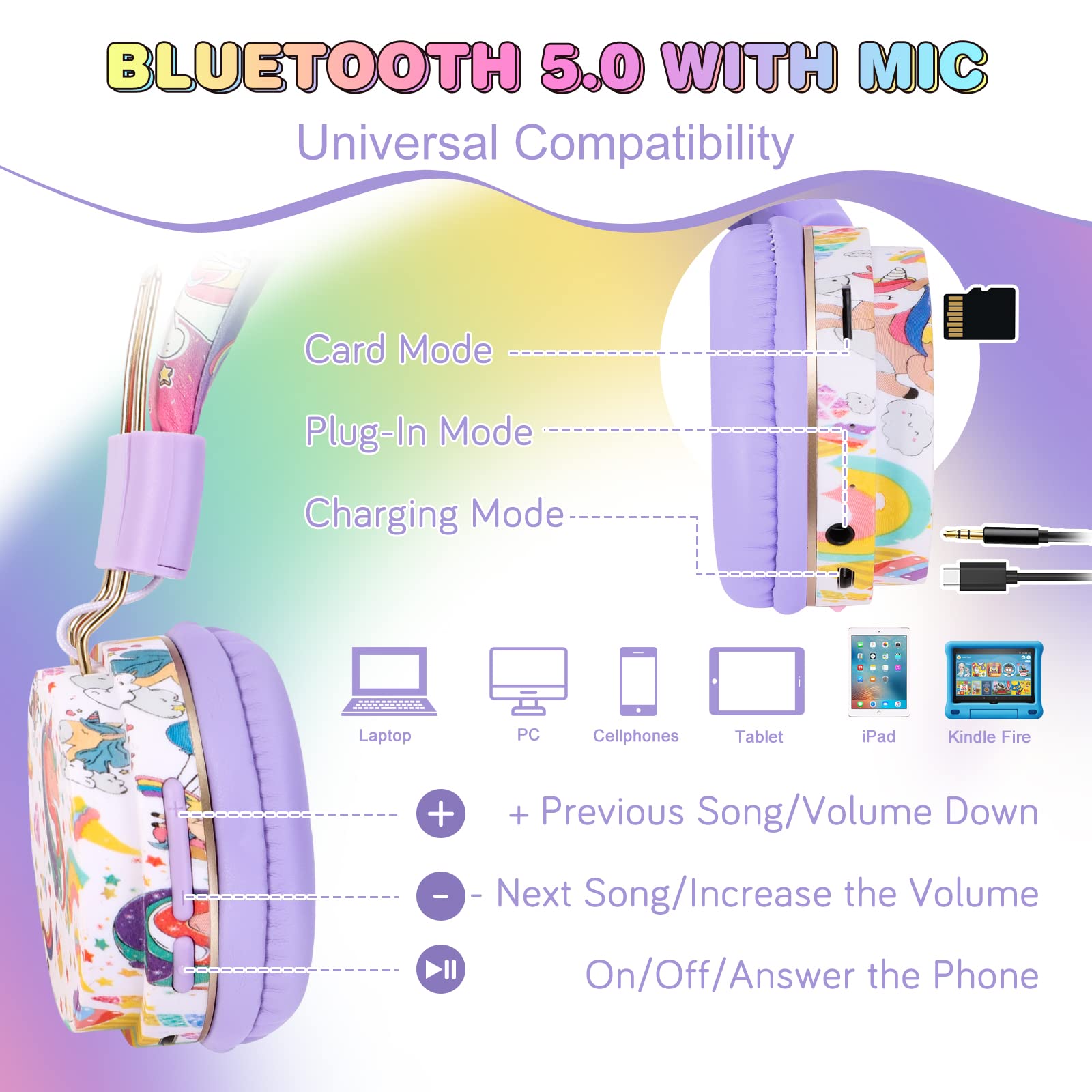 **Wireless Unicorn Headphones for Girls - Bluetooth Kids Headphones with Microphone, Adjustable Over-Ear Toddler Headphones for Ages 2+, Compatible with iPad/Fire Tablet (Purple) - Perfect for School, Travel & Home Learning**