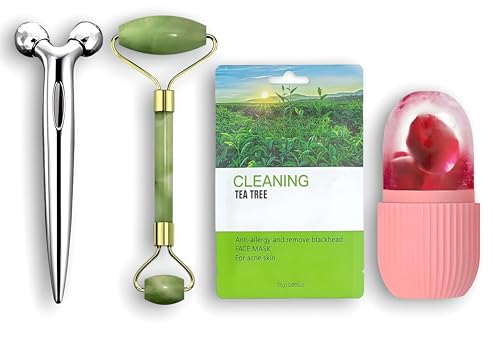 HUDACRUSH BEAUTY Glowing Skin Care Kit - Jade Roller, Ice Roller, 3D Massager & Green Tea Tree Sheet Mask for Face & Eye | At-Home Spa Treatment & Relaxation