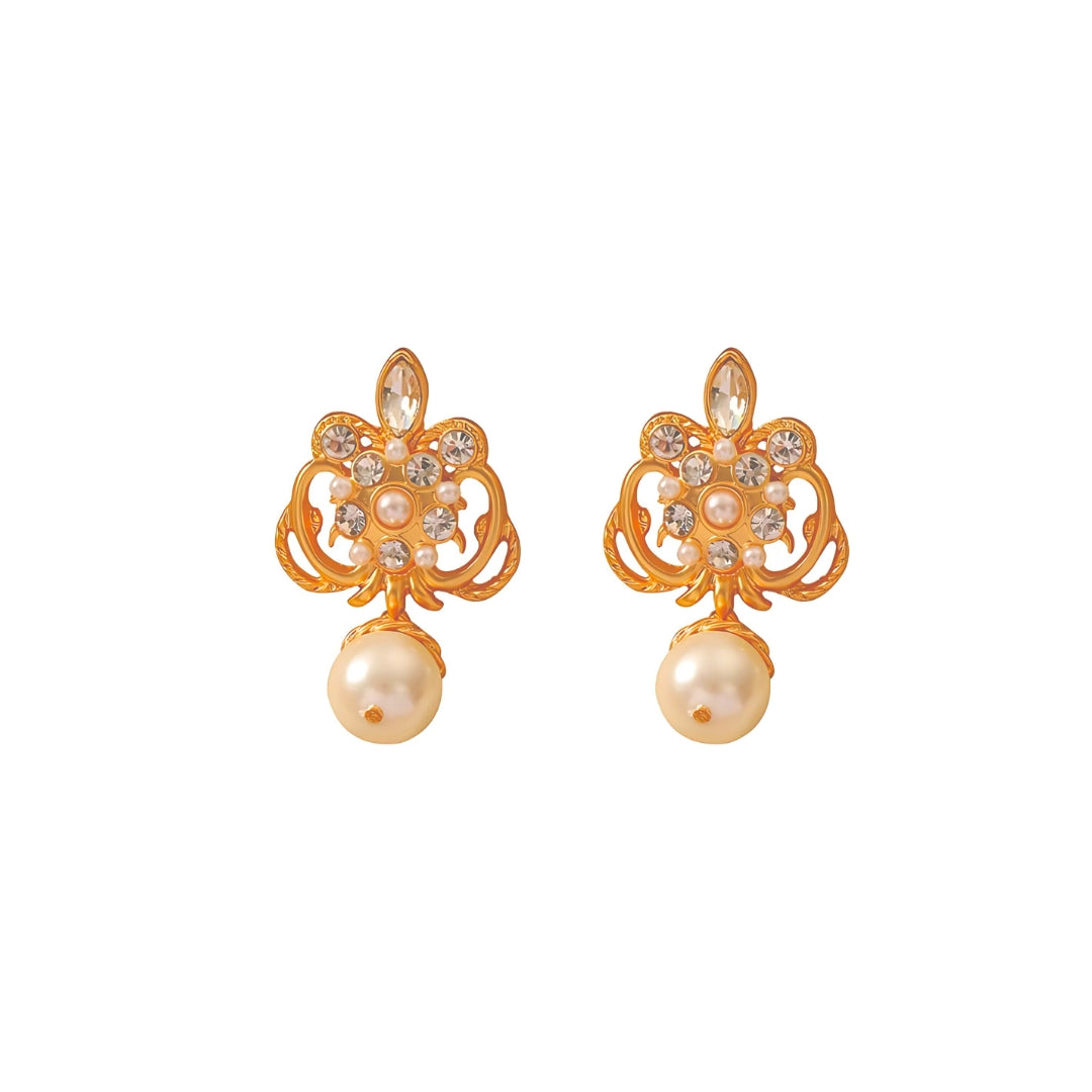 Baroque Pearl Drop Earrings for Women - Vintage Floral Dangle Earrings with Crystal Accents | DM363 | Perfect for Weddings, Parties & Special Occasions