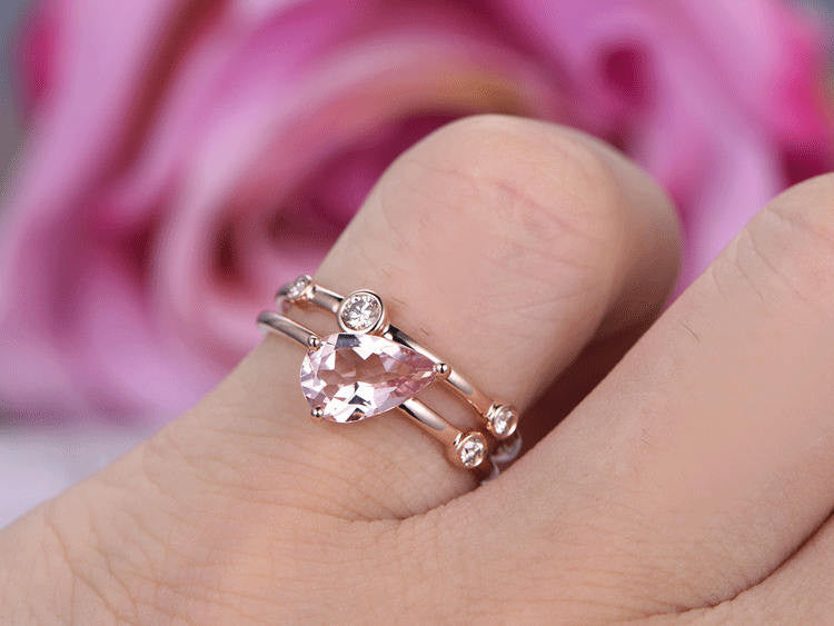 6x9mm Pear Shaped Morganite Engagement Ring Set with Coffee Diamond Accents - Perfect for Wedding Proposals, Anniversary Gifts & Special Occasions