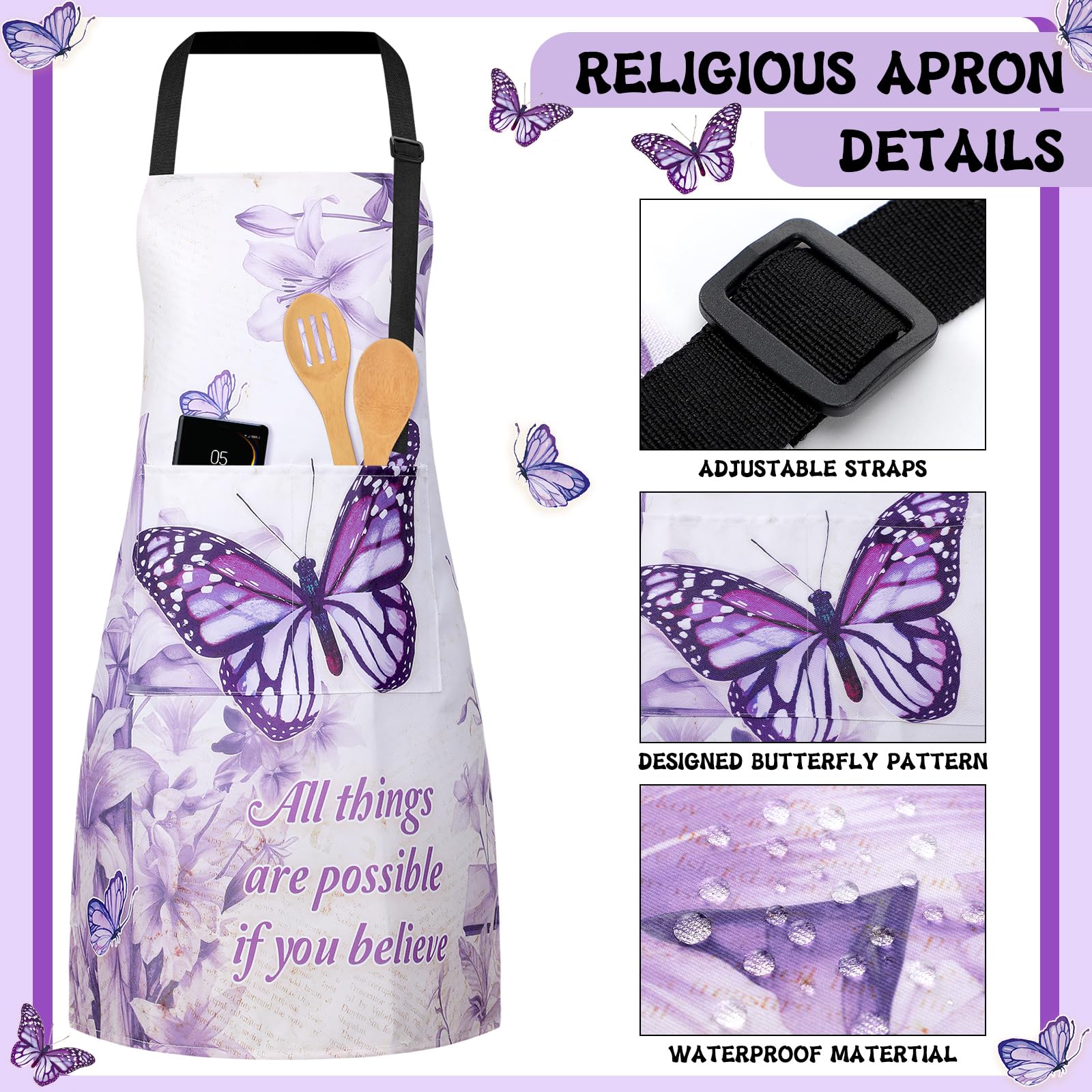 Hoolerry 6-Piece Religious Kitchen Apron Set with Dish Towels, Oven Mitts, Pot Holders & Silicone Spatula - Perfect Cooking & Baking Gifts for Women, Wife, Grandma (Purple) - Ideal for Holiday Meals, Church Potlucks & Family Gatherings
