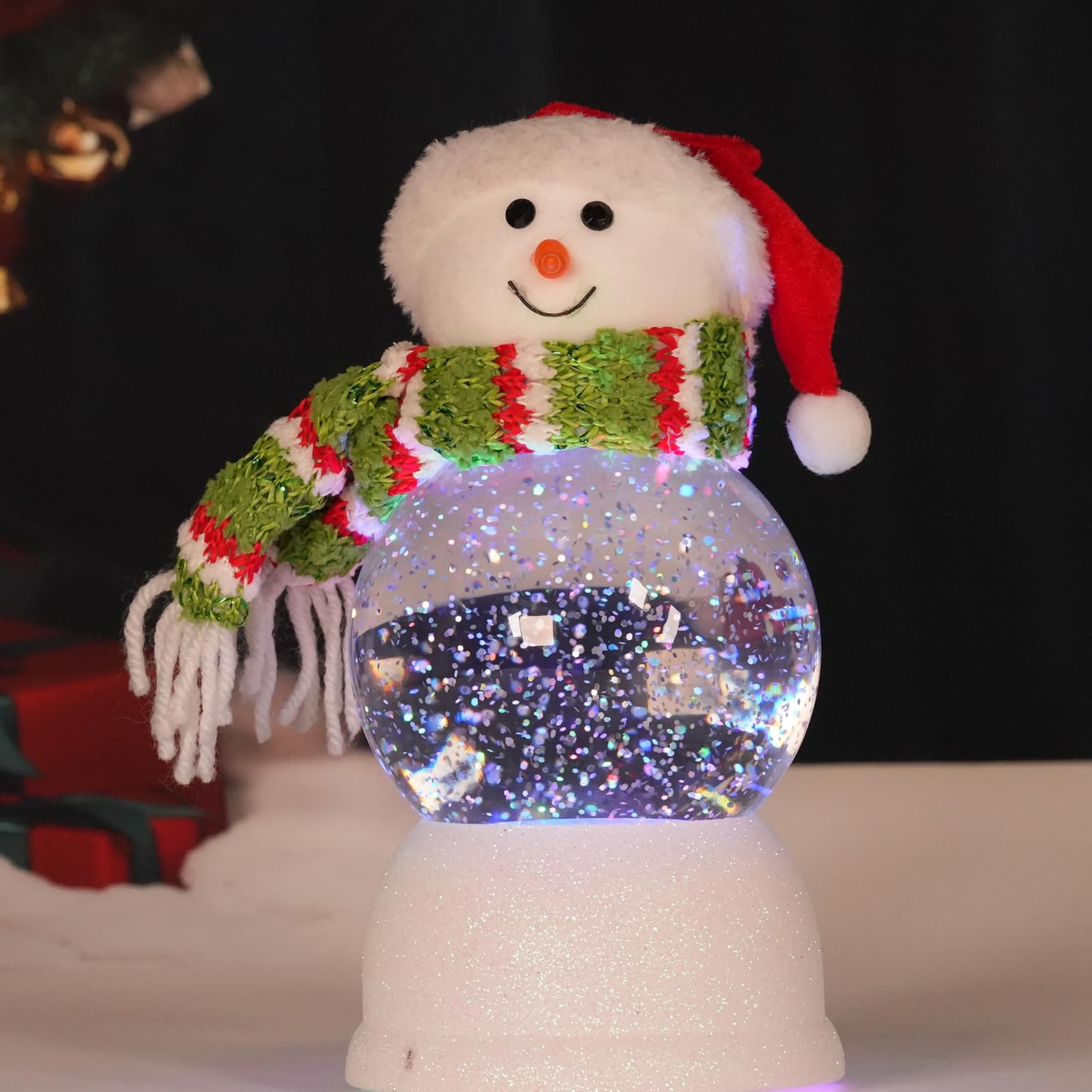 LED Musical Snow Globe Lantern with Timer - Acrylic Lighted Christmas Snowman Figurine with Swirling Glitter & Santa Hat | Indoor Holiday Decor for Christmas Tree, Mantel & Tabletop Displays