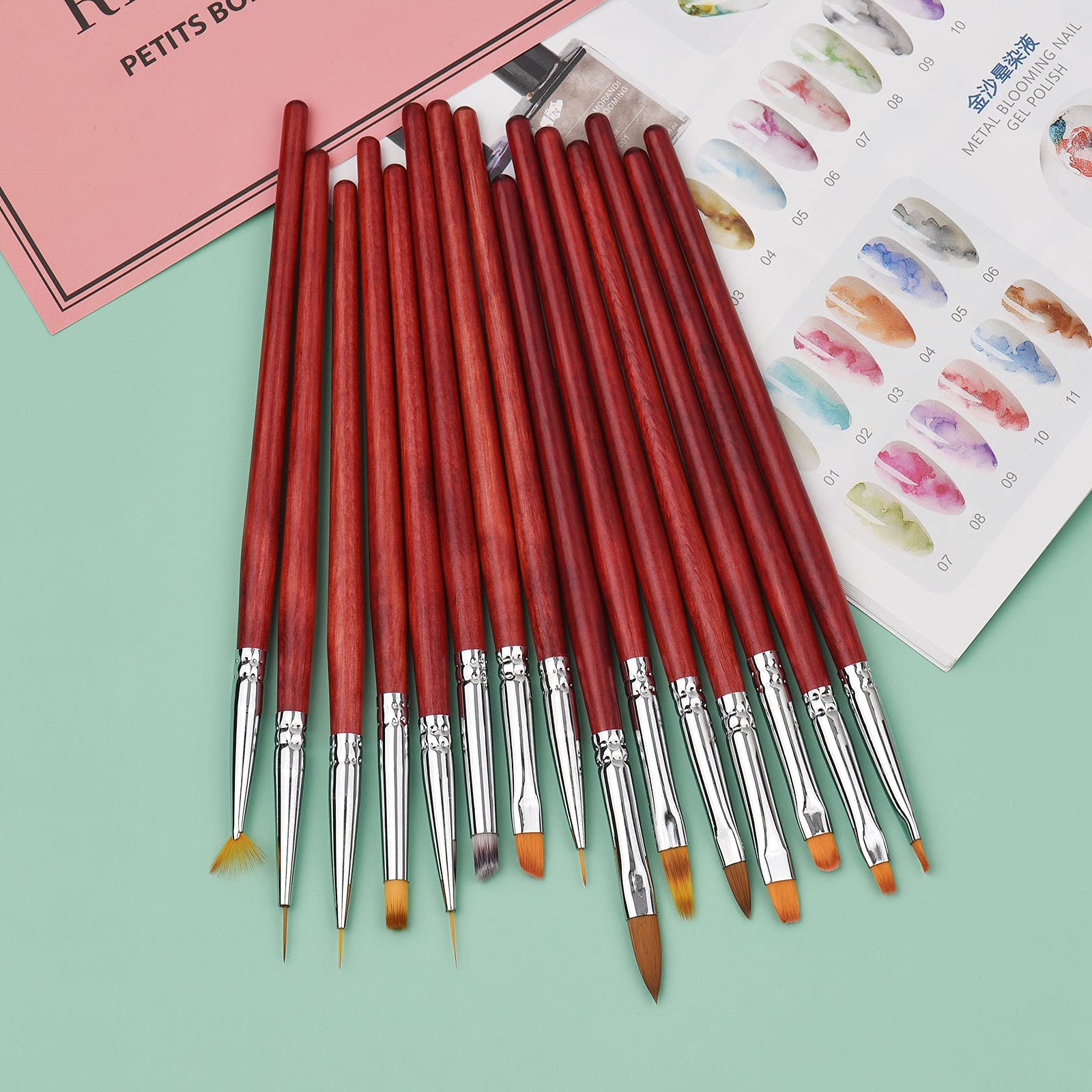 15PCS Professional Nail Art Brush Set - Acrylic Nail Brushes, Liner & Polish Pens for Home & Salon Use (Red) | Perfect for Gel, Acrylic & DIY Nail Designs - Layfoo