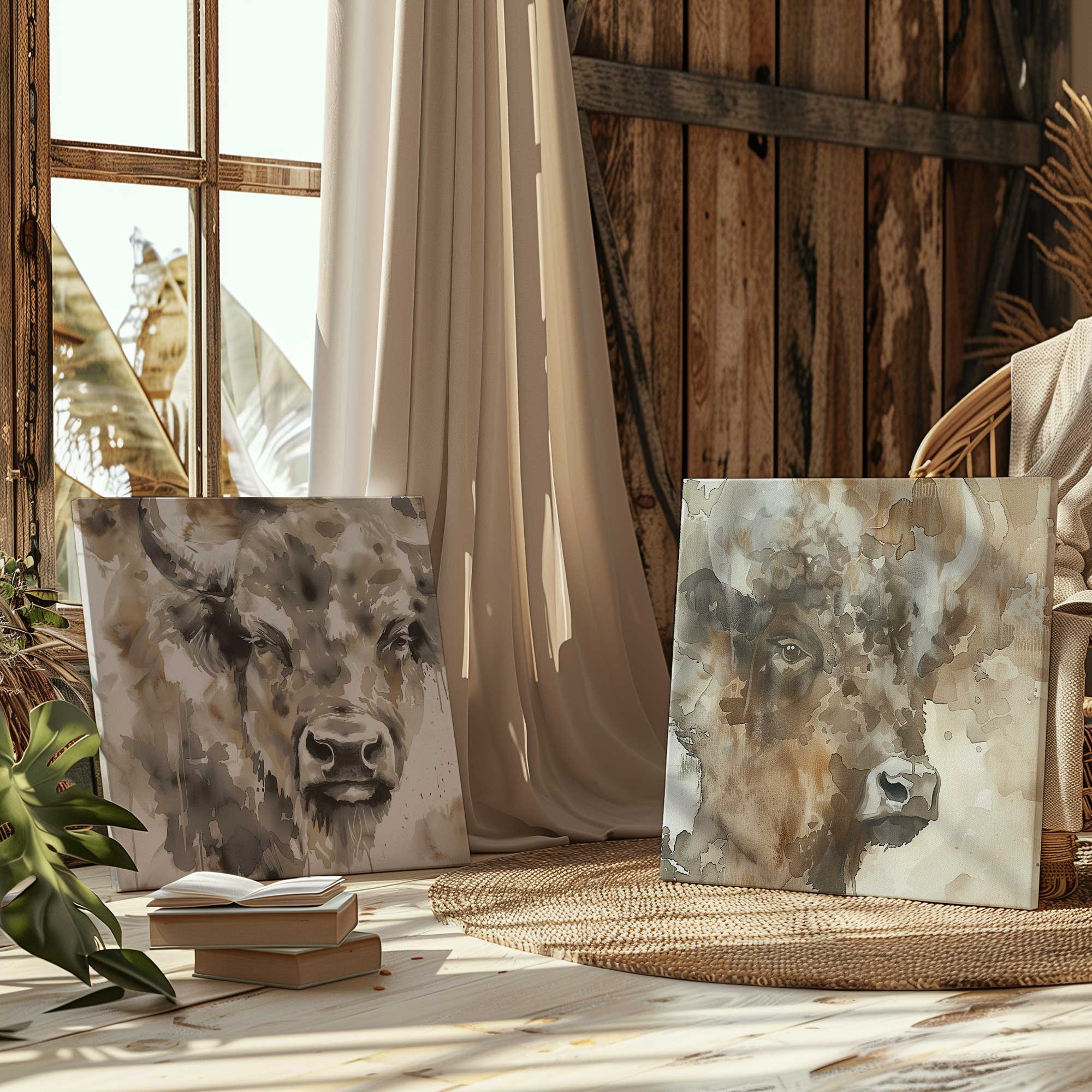 Abstract Buffalo Wall Art - Set of 2 Canvas Prints for Modern Home & Office Decor | Western Theme Living Room & Ranch Style Interior Design