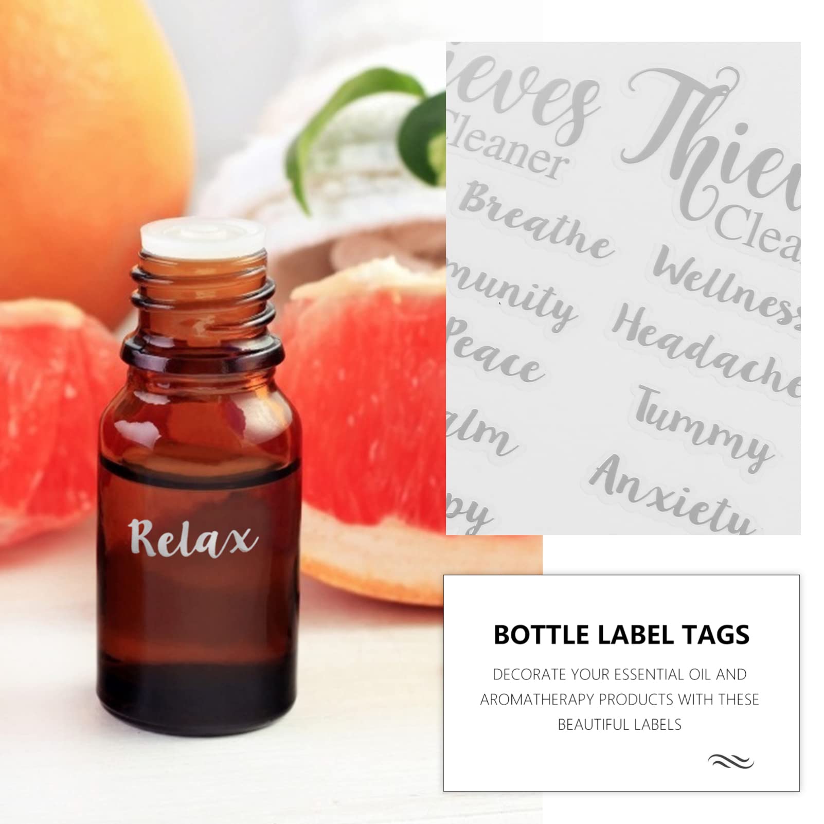 EXCLUZO 6-Pack Silver Essential Oil Stickers - Waterproof Cosmetic Labels for Perfume Bottles, Jars & Containers - Durable Letter Stickers for Organizing & Decorating (Perfect for Aromatherapy, DIY Projects & Home Organization)