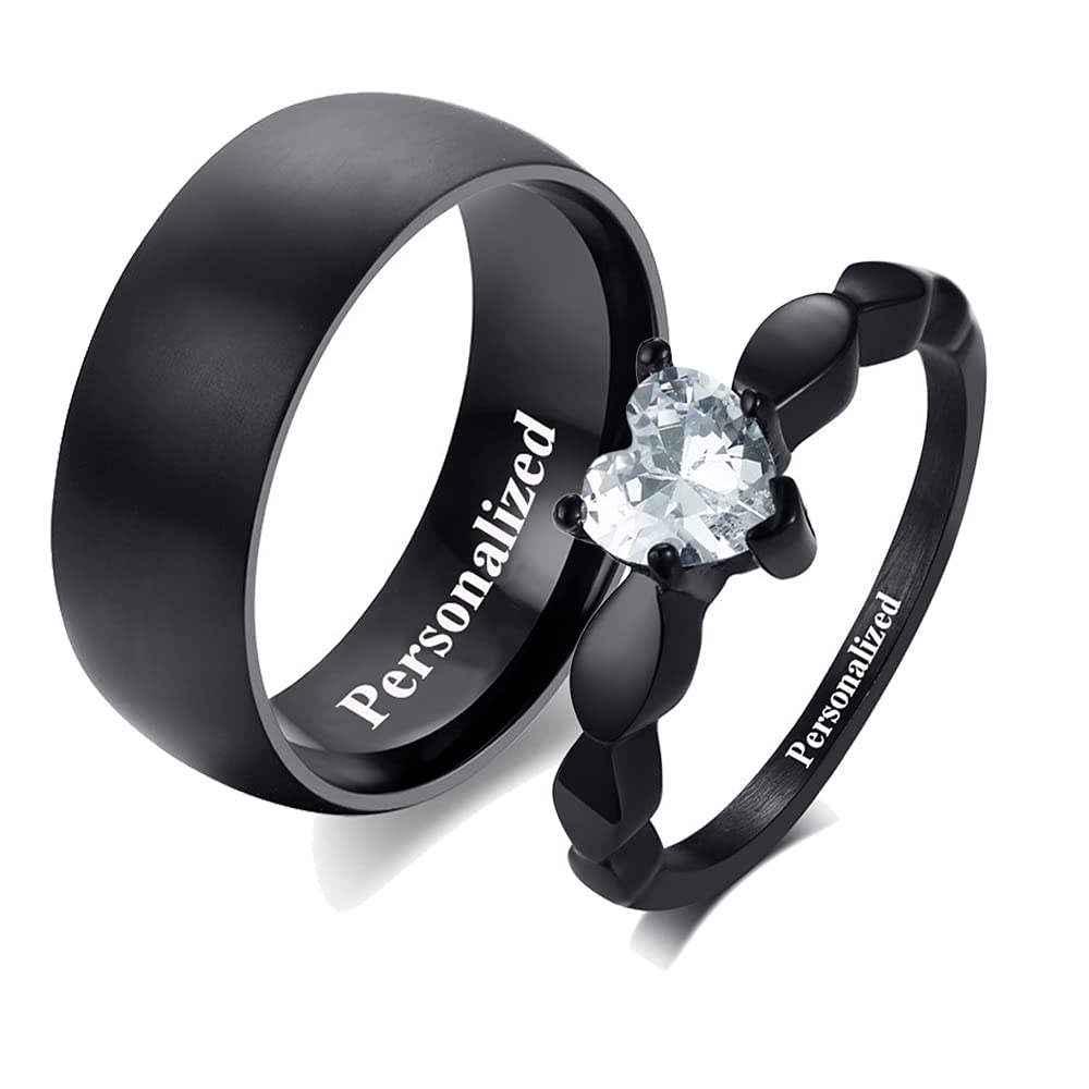Custom His and Hers Couple Rings - Personalized Titanium Steel Promise Rings for Men & Women - Matching Black Wedding Bands Set (2 PCS) - Perfect for Anniversaries, Engagements & Romantic Gifts