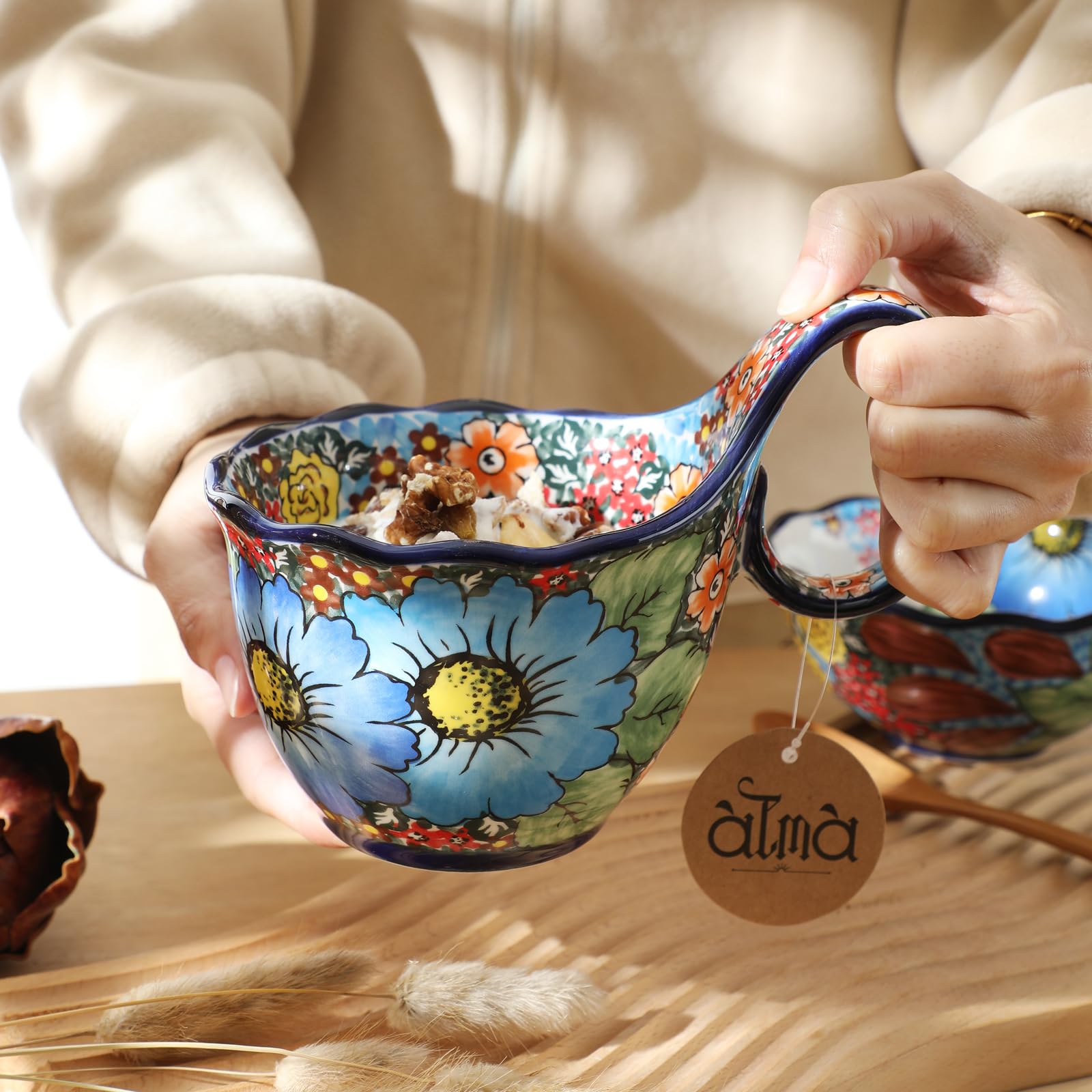 ALMA Handpainted Ceramic Soup Bowl with Loop Handle - 18.6oz Microwave & Dishwasher Safe Cereal Bowl - Perfect for Soup, Chili, Stew, Ice Cream - Ideal for Family Dinners, Restaurant Use & Gifts