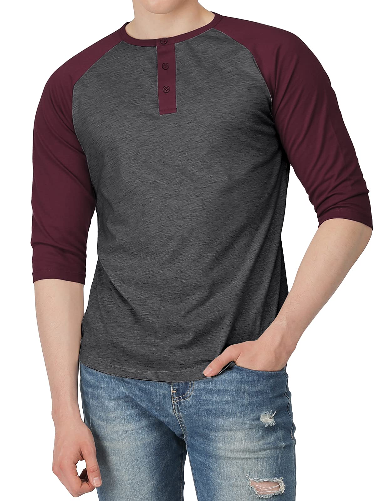 H2H Men's Casual Slim Fit Henley & Baseball T-Shirts - Long & 3/4 Sleeve Raglan Jersey Tees for Everyday Wear, Gym & Street Style