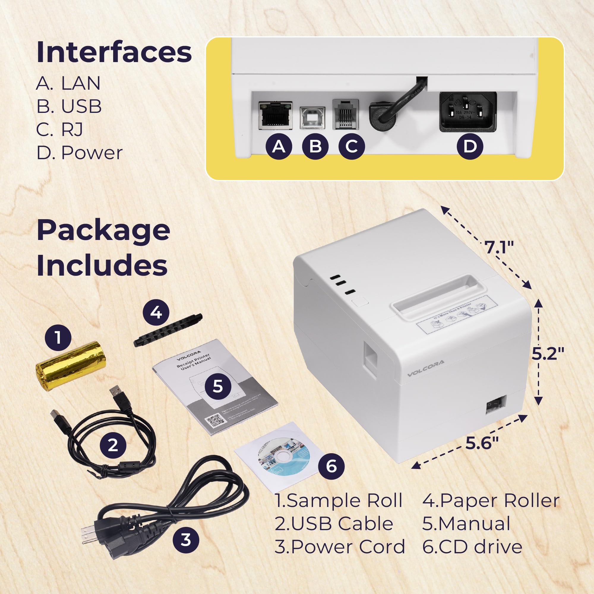 Volcora 80mm Thermal Receipt Printer with Auto Cutter - USB/Ethernet POS Printer for Windows/Mac/Linux - ESC/POS Command Support & Cash Drawer - High-Speed Kitchen Printer for Restaurants, Retail Stores & Offices - Wall Mountable White POS System