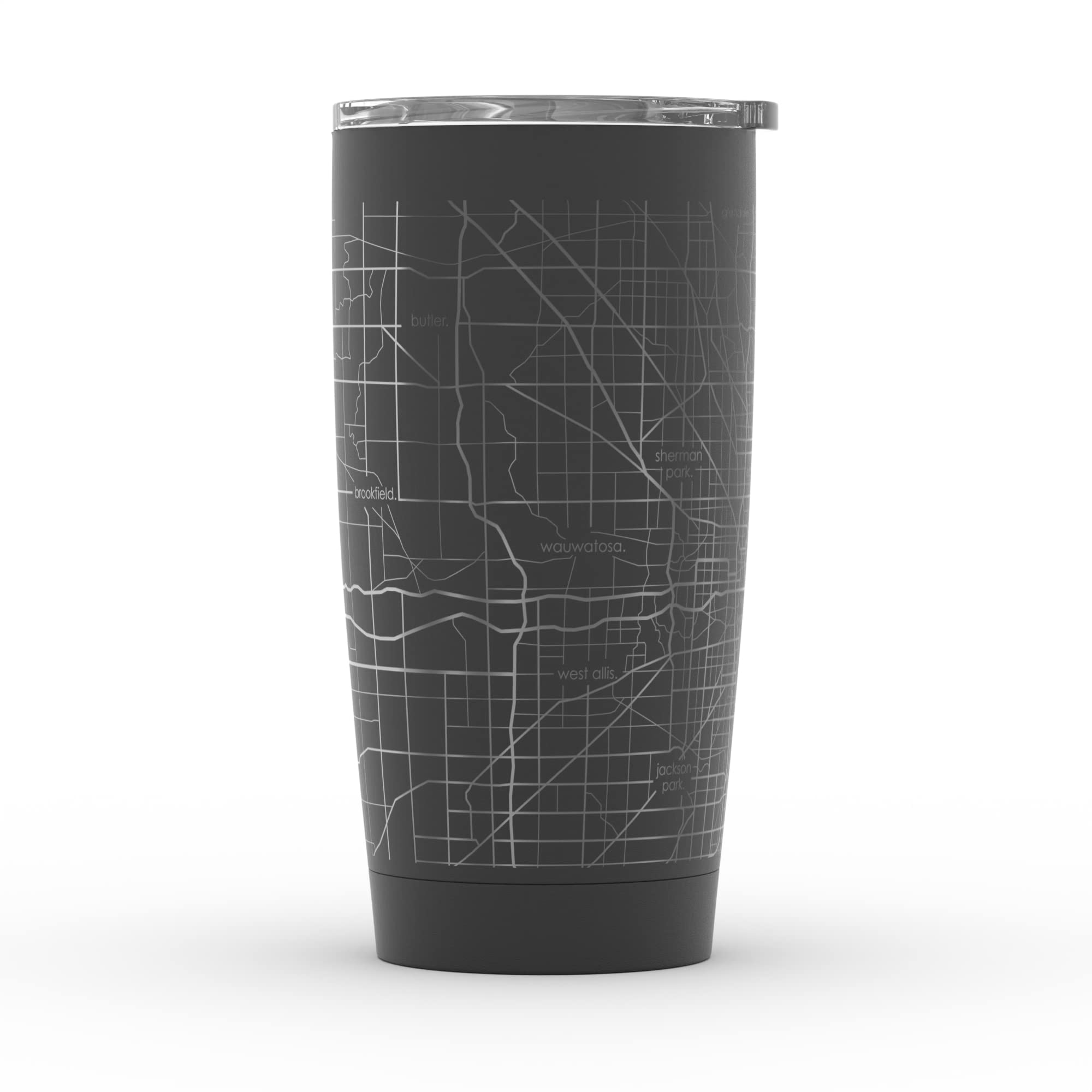 Engraved Milwaukee Wisconsin Map Insulated Coffee Tumbler - 20oz Stainless Steel Travel Mug with Etched City Design (Black) - Perfect for Outdoor Adventures, Commuting & Office Use