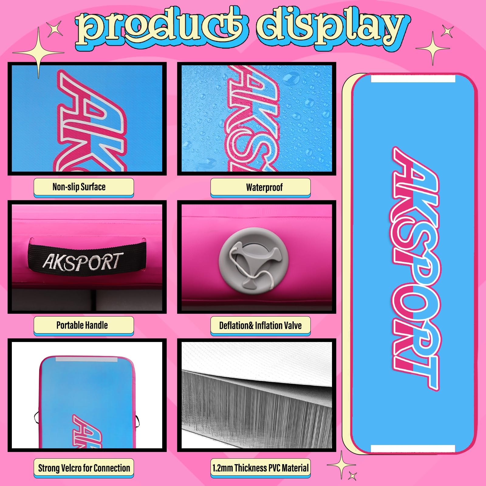 AKSPORT Inflatable Gymnastics Mat Tumble Track - 10ft, 13ft, 16ft, 20ft, 23ft Air Tumbling Mat with Pump for Home Gym, Cheerleading, Yoga & Kids Play - Portable Training Mat for Indoor/Outdoor Use