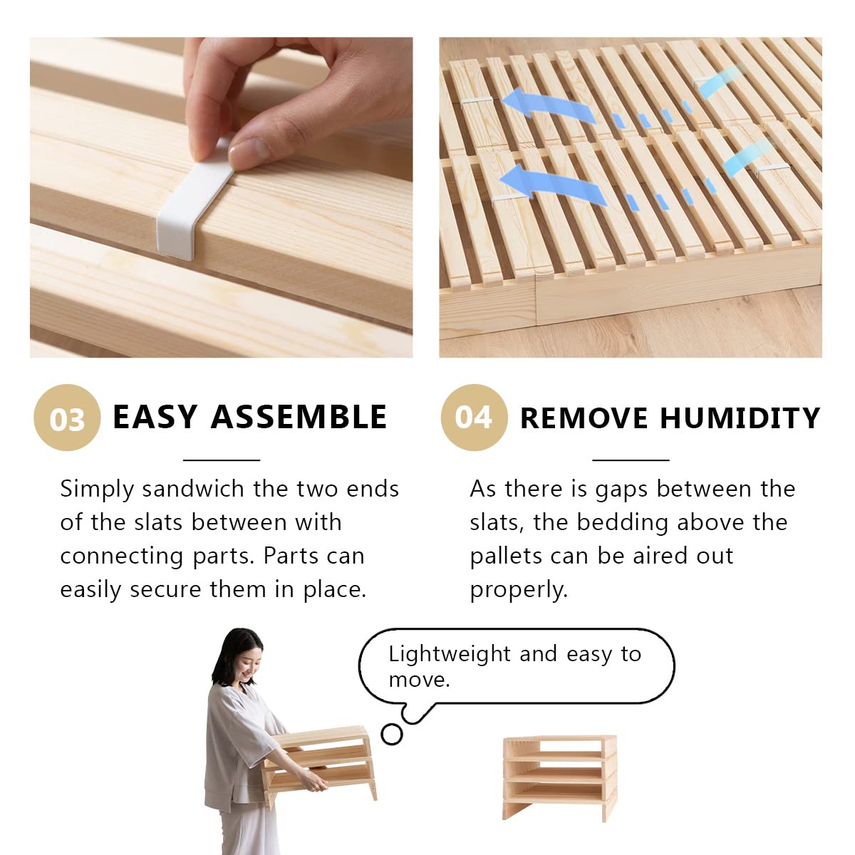 EMOOR 4-Piece Pine Wood Pallet Bed Slats for Japanese Futon Mattress - Natural Wood Floor Sleeping Support for Tatami Mat - Perfect for Minimalist & Space-Saving Bedroom Designs