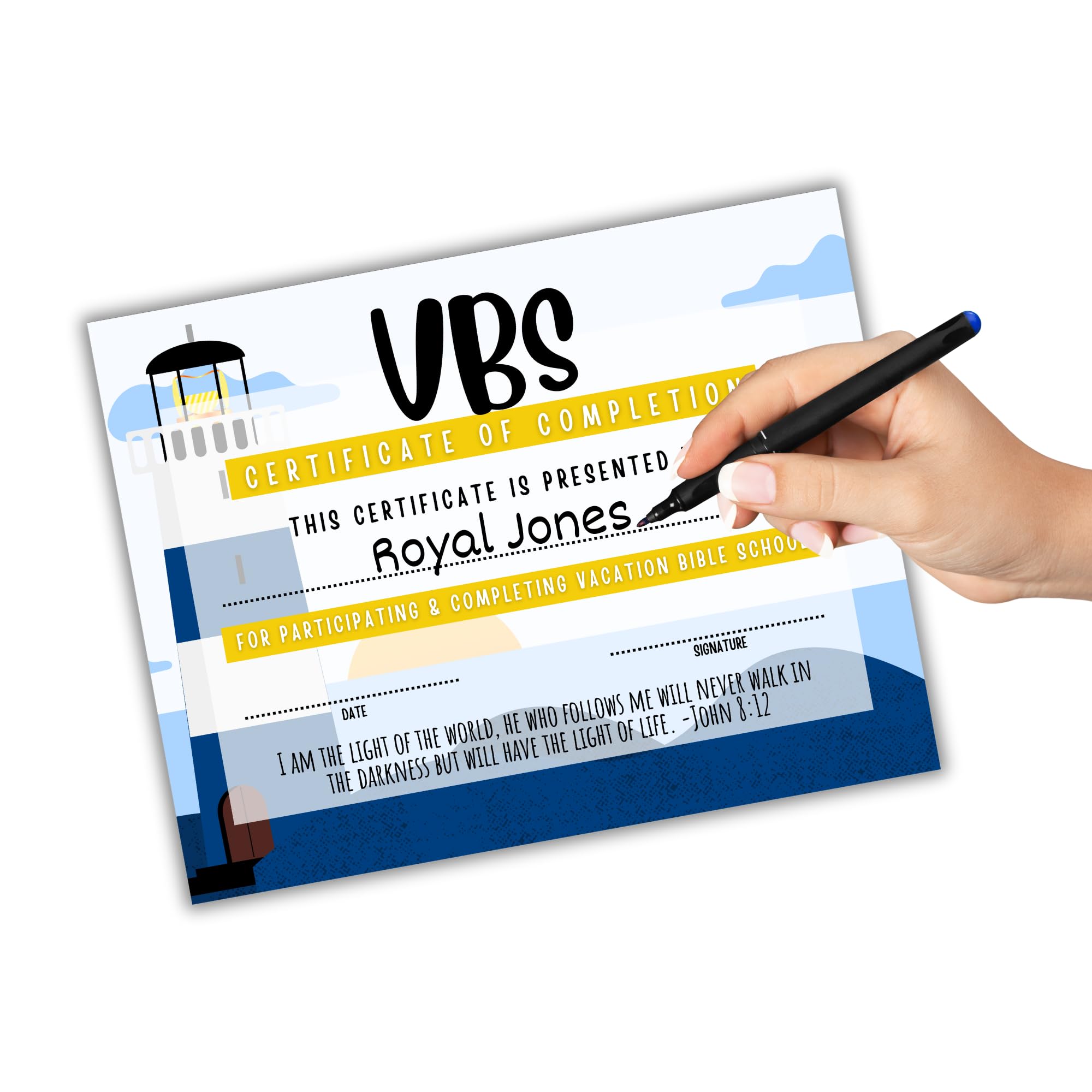 Vacation Bible School VBS Certificate of Completion Award - Pack of 50 | 8.5x11 Inch Lighthouse Bible Verse Beach Ocean Themed Participation Certificates for Kids Sunday School, Summer Camp & Christian Education Programs