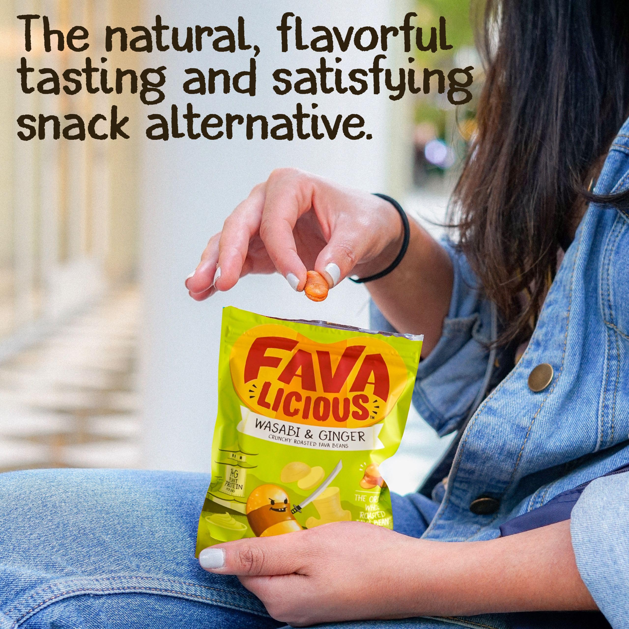 Nuttee Bean Favalicious Roasted Fava Bean Snacks - Vegan, Gluten-Free, Plant-Based Healthy Snacks for Adults & Kids - Wasabi & Ginger Flavor - 2 Oz (Pack of 12) - Perfect for Office, School, Travel & Movie Night Snacking