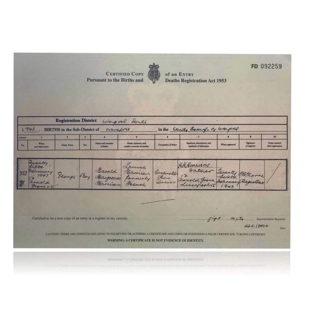 George Harrison Authentic Certified UK Birth Certificate Copy - The Beatles Memorabilia for Collectors & Fans | Perfect for Displays, Gifts & Beatles Enthusiasts