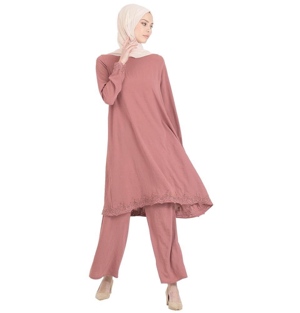 Abaci Solid Laced Tunic & Pant Set 13206 Rose Pink | Women's Casual Outfit | Perfect for Work, Date Night & Spring Fashion