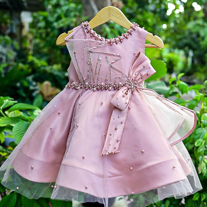 Baby Girl Bead Bow Christening Dress - Toddler Birthday Party Princess Gown for Baptism, First Communion & Special Occasions