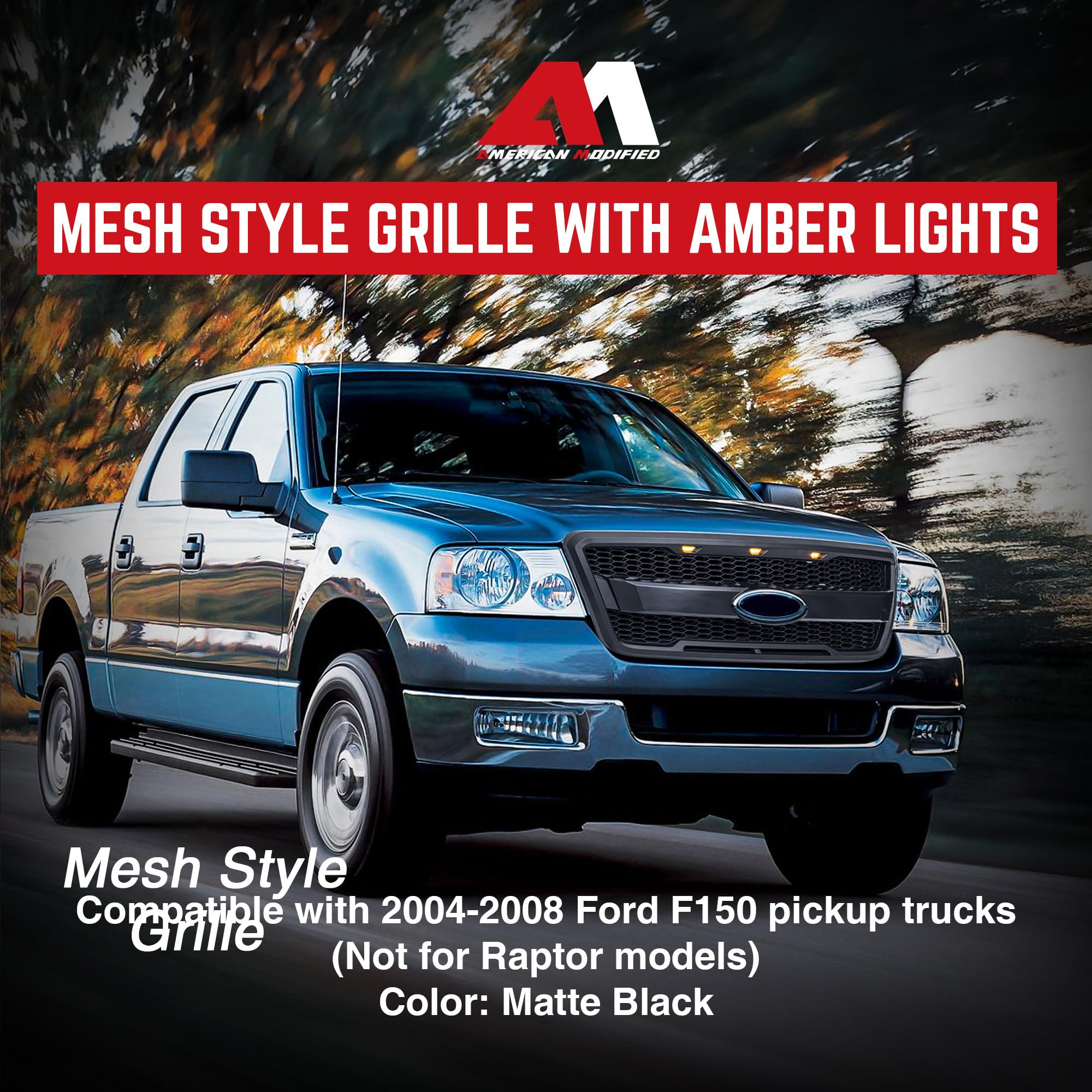 **2004-2008 Ford F150 Raptor Style Mesh Grille with Amber LED Lights & Emblem Base - Matte Black | Off-Road & Custom Truck Upgrade**