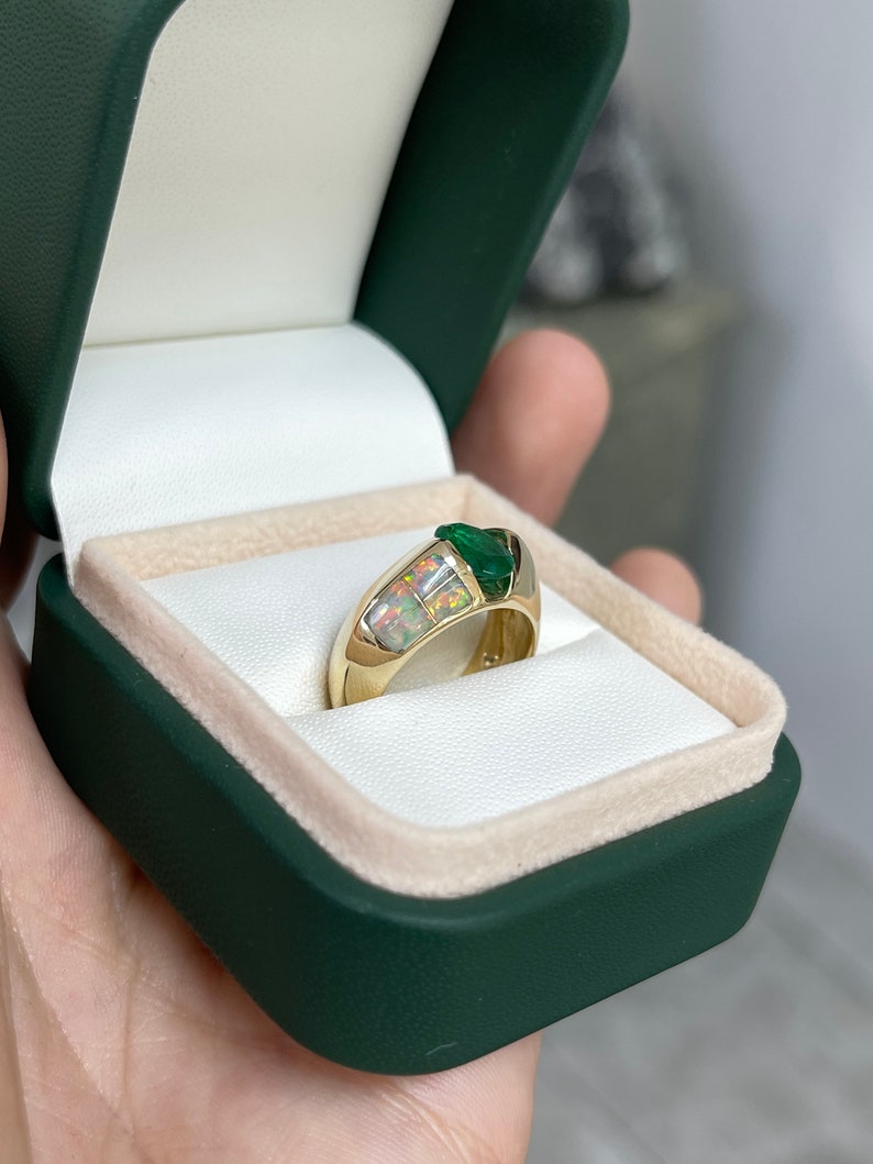 1.05ct 14K Gold Natural Green Oval Emerald & Opal Accent Statement Men's Ring for Wedding, Engagement & Special Occasions - Luxury Jewelry Gift for Him