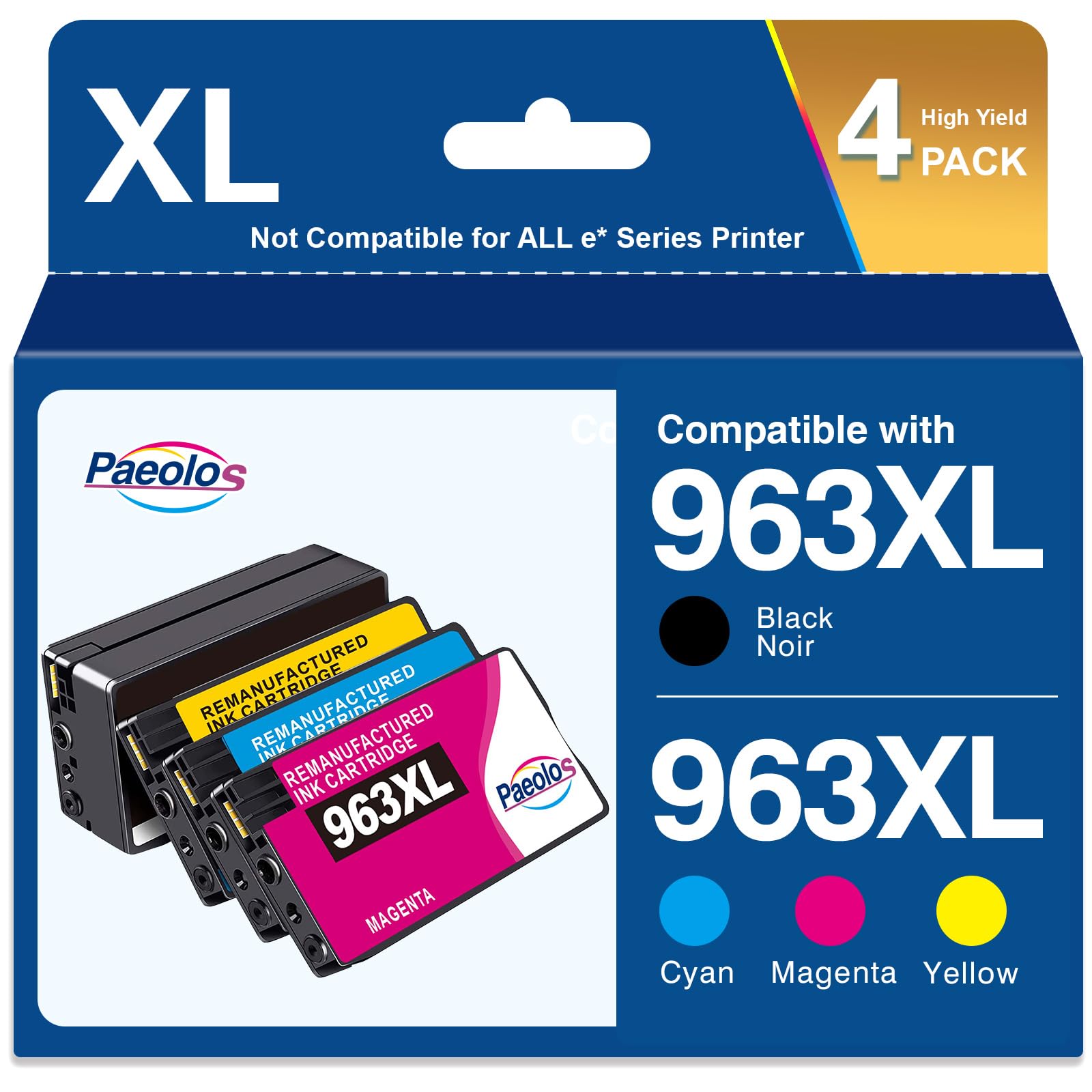 HP 963XL Remanufactured Ink Cartridges Multipack - Black, Cyan, Magenta, Yellow (4 Pack) | Compatible with HP OfficeJet Pro 9010, 9020, 9015, 9025, 9012, 9016, 9018, 9019 Printers | High-Yield Printing for Home & Office Use