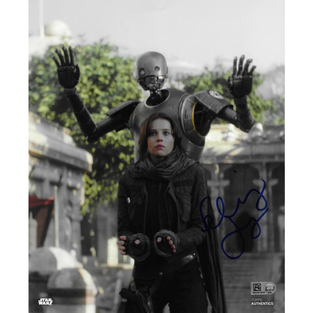 Felicity Jones Autographed 8x10 Photo with Topps COA - Star Wars Jyn Erso & K2SO Signed Memorabilia - Perfect for Collectors, Fans, and Display in Home Theater or Office
