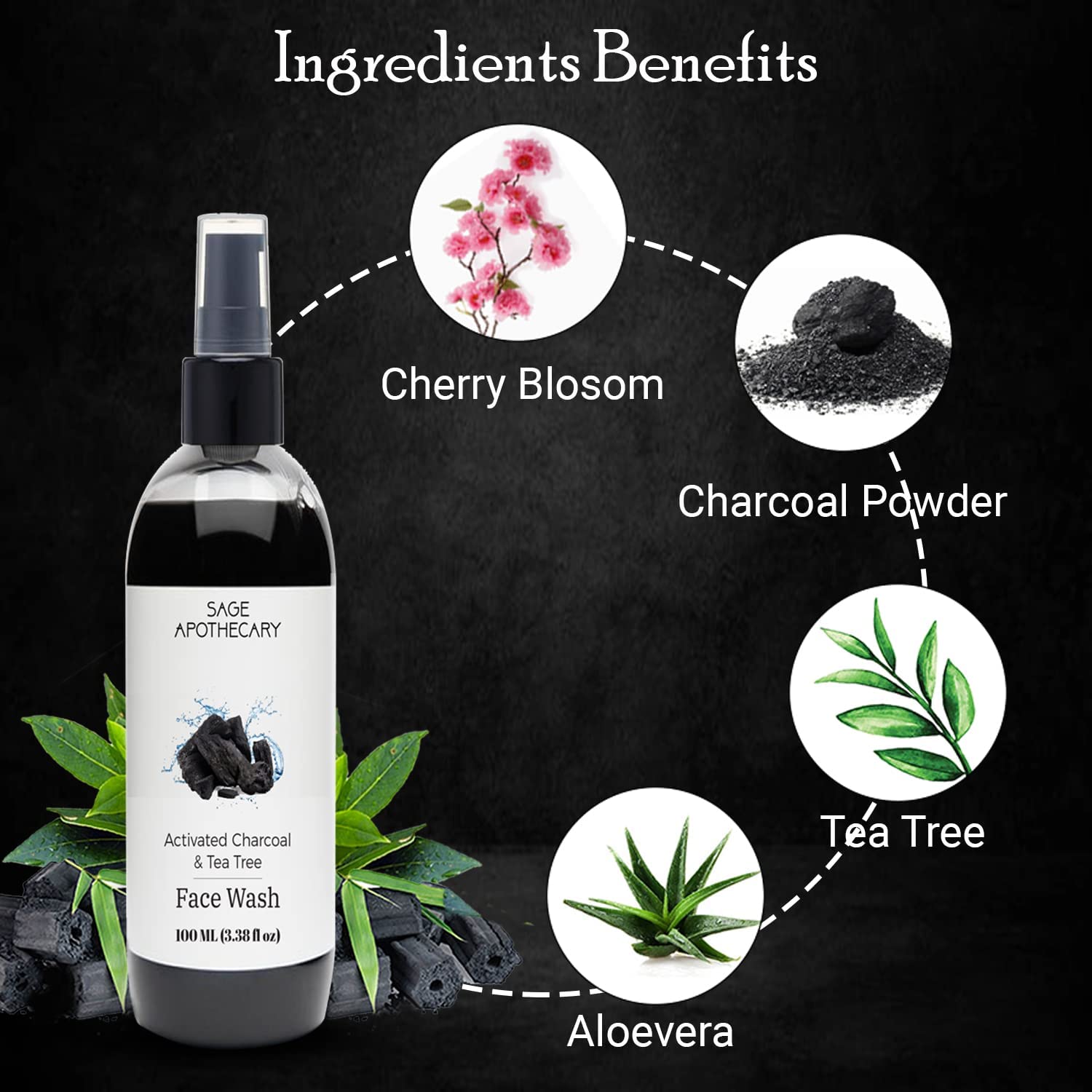 Sage Apothecary 100% Natural Charcoal, Aloe Vera & Tea Tree Face Wash for Deep Cleansing & Acne Control - Oil-Free, Pimple Treatment for Men & Women (100ml) | Perfect for Daily Skincare & Sensitive Skin