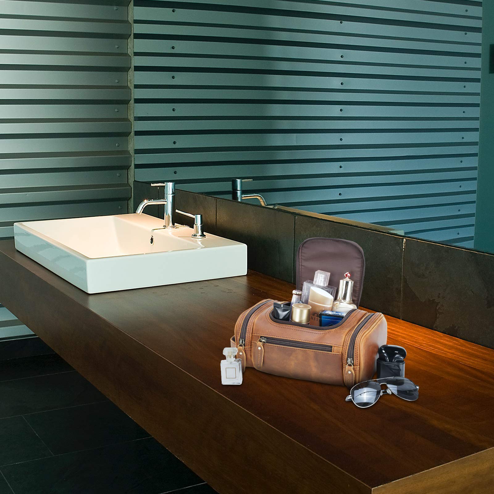 Premium Full Grain Leather Toiletry Bag for Men - Travel Shaving Kit & Dopp Kit with YKK Zippers - Ideal for Business Trips, Gym & Vacation Essentials Organization