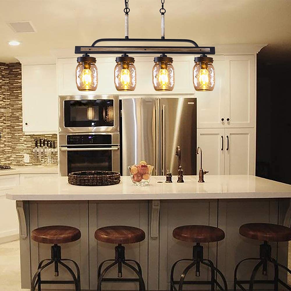 Wellmet Farmhouse Dining Room Chandelier - Black Mason Jar Pendant Light with Faux Wood & Glass Shade | Rustic Linear Cluster Hanging Fixture for Kitchen Island, Dining Table, Restaurant, Cafe & Country Home Decor