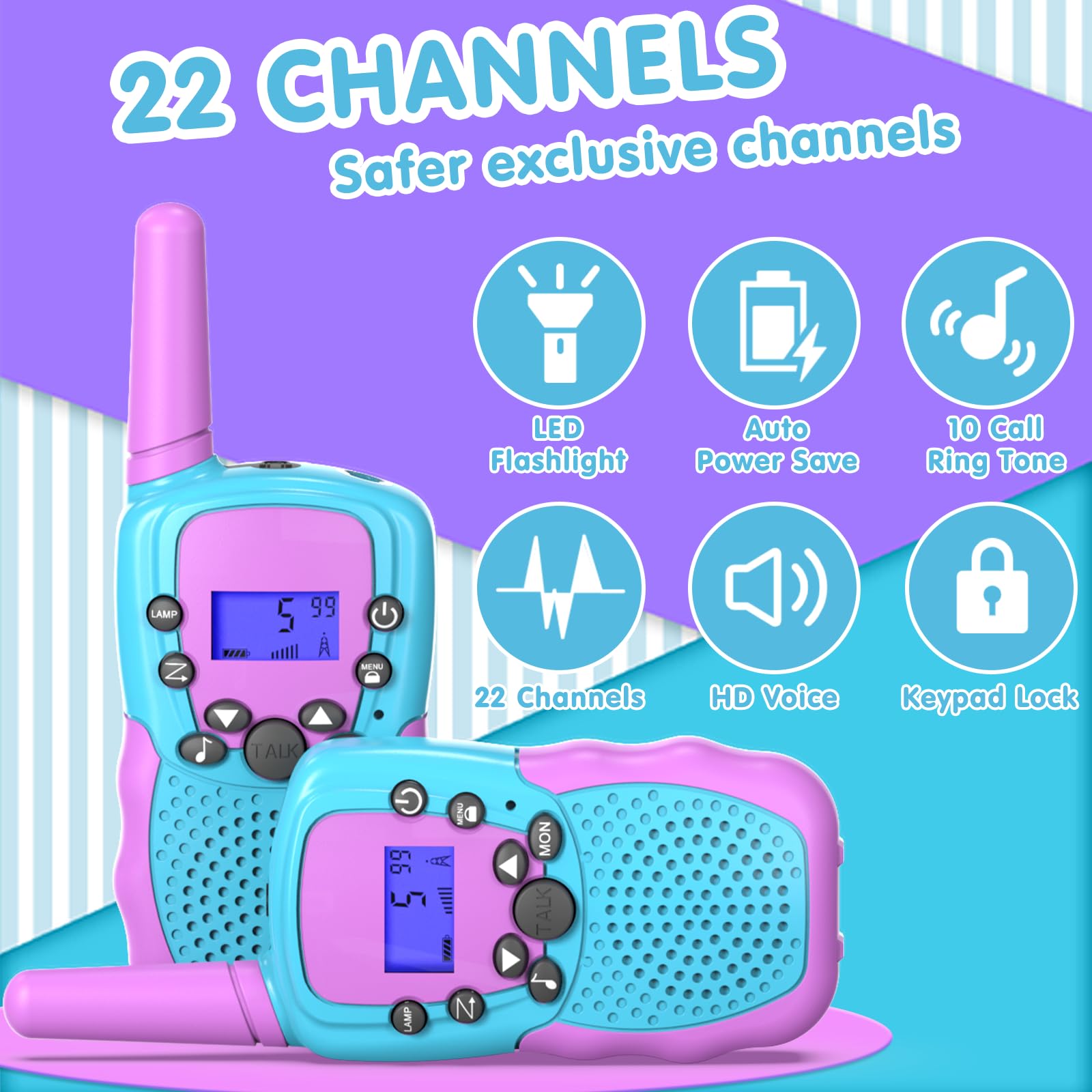 Selieve Kids Walkie Talkies - 22 Channel 2 Way Radios with LCD Backlit Flashlight, 3 Mile Range for Outdoor Adventures - Perfect for Camping, Hiking & Backyard Play (Ages 3-14, Purple)