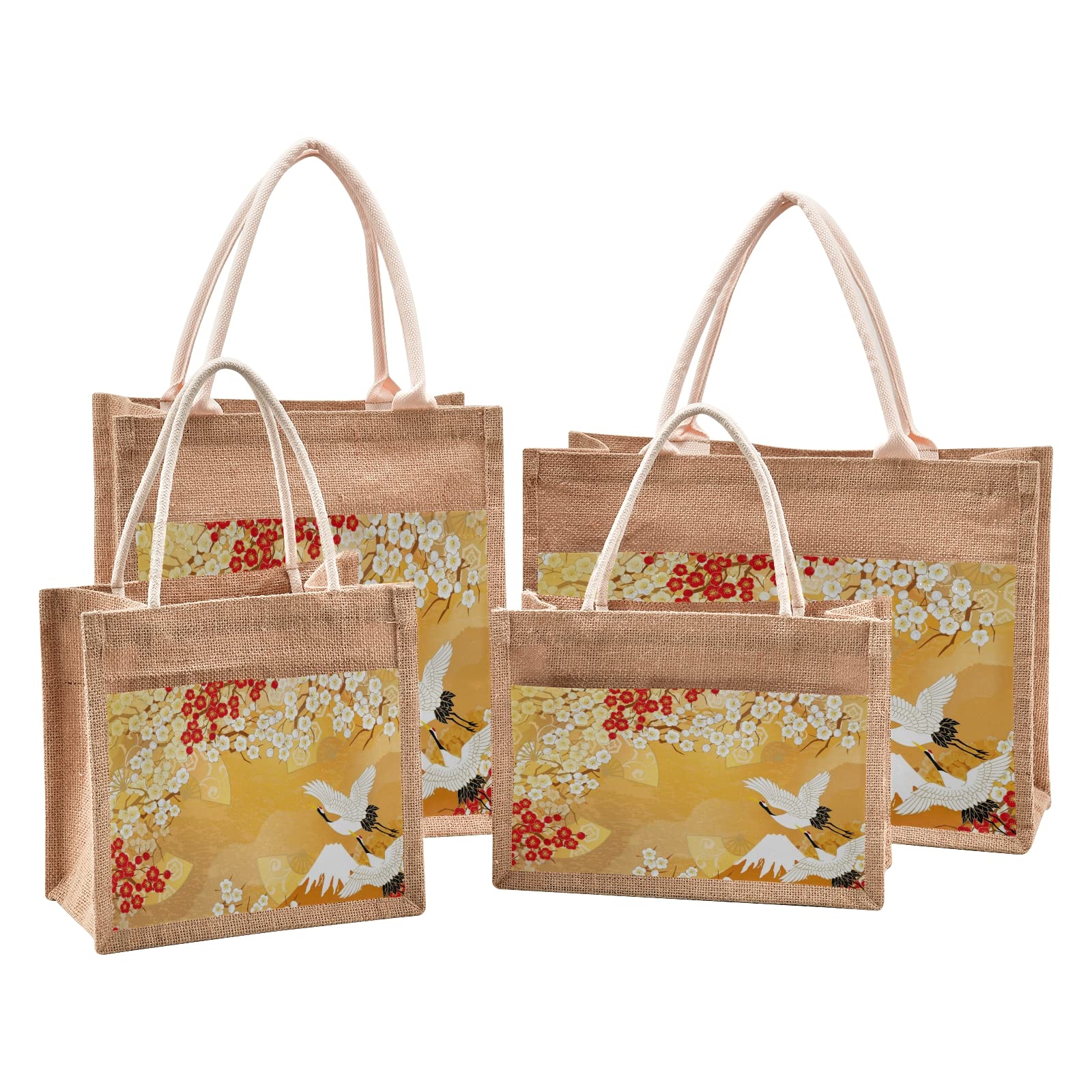 Japanese Flower Crane Jute Tote Bag - Eco-Friendly Reusable Shopping & Beach Bag